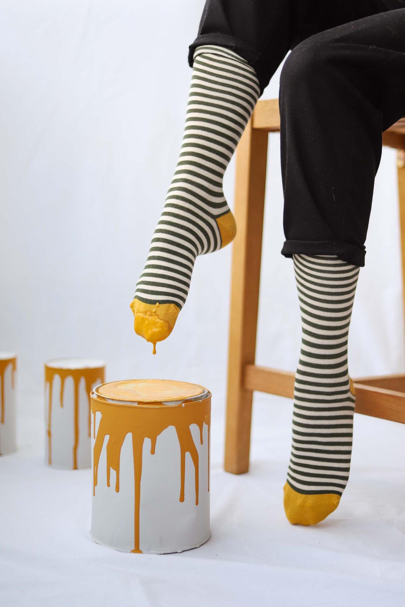 Striped Knee Sock Khaki-Parchment - HE-QA