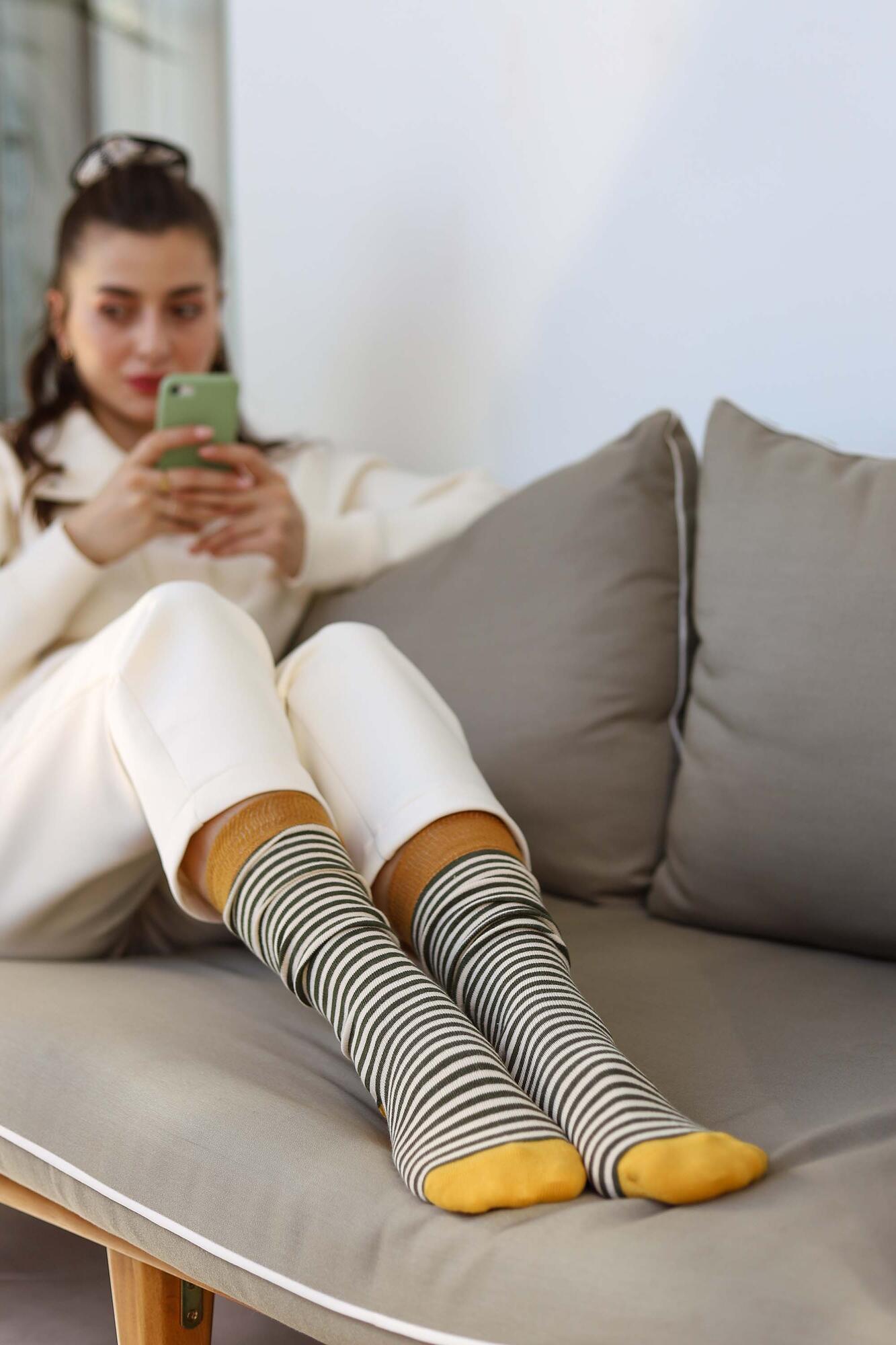 Striped Knee Sock Khaki-Parchment - 2