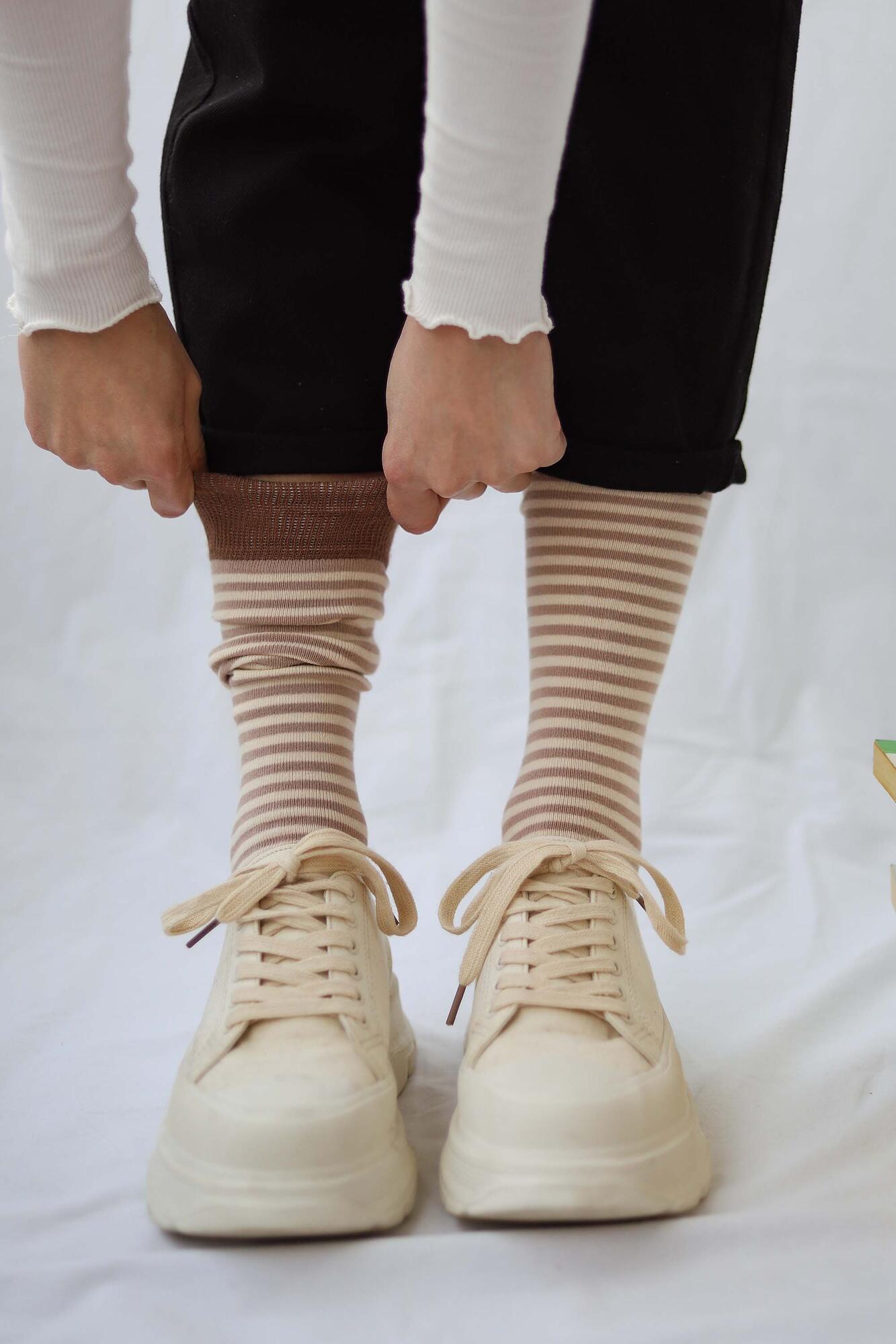 Striped Knee Sock Brownie-Parchment - HE-QA