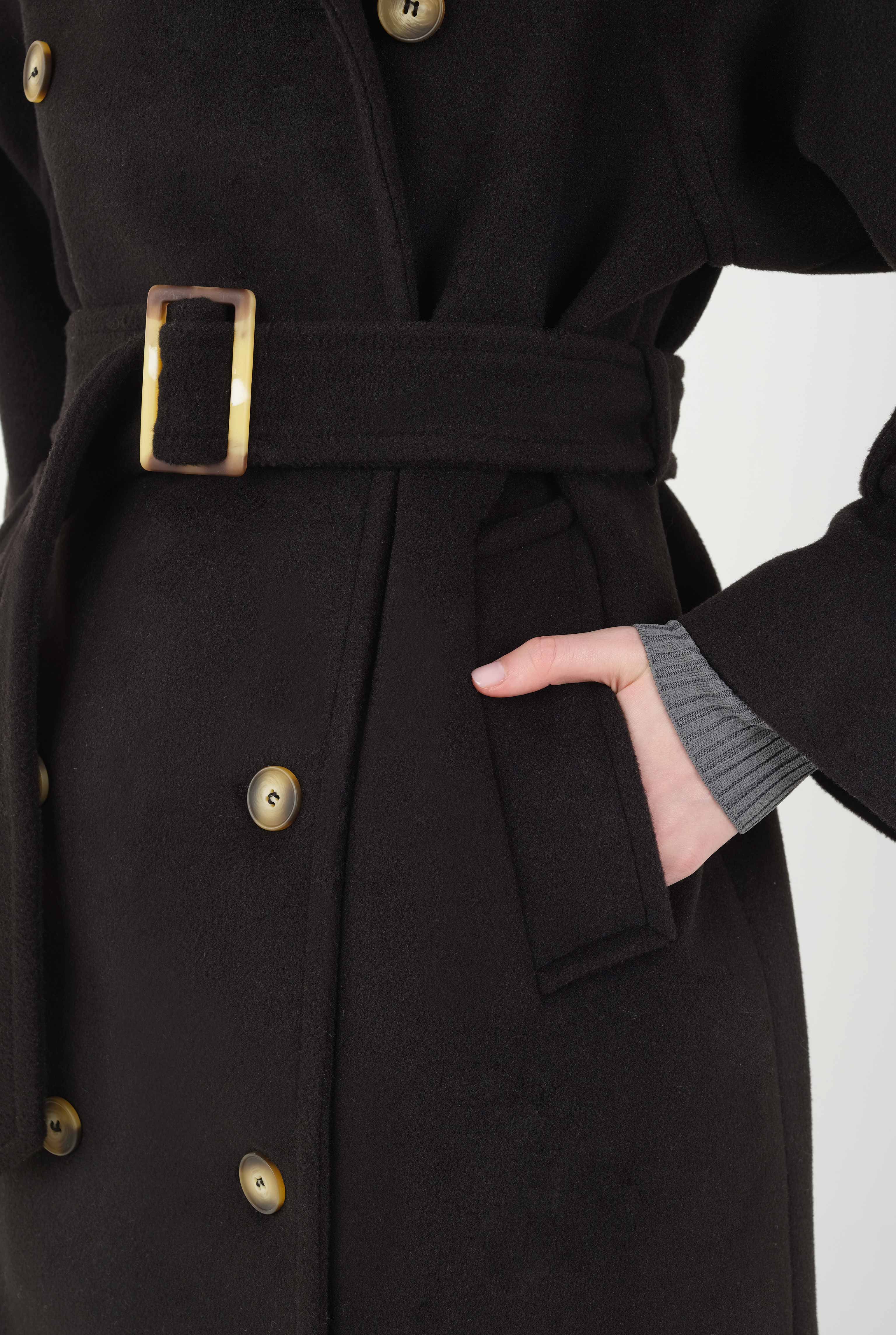 Long Double Breasted Coat Black - 8