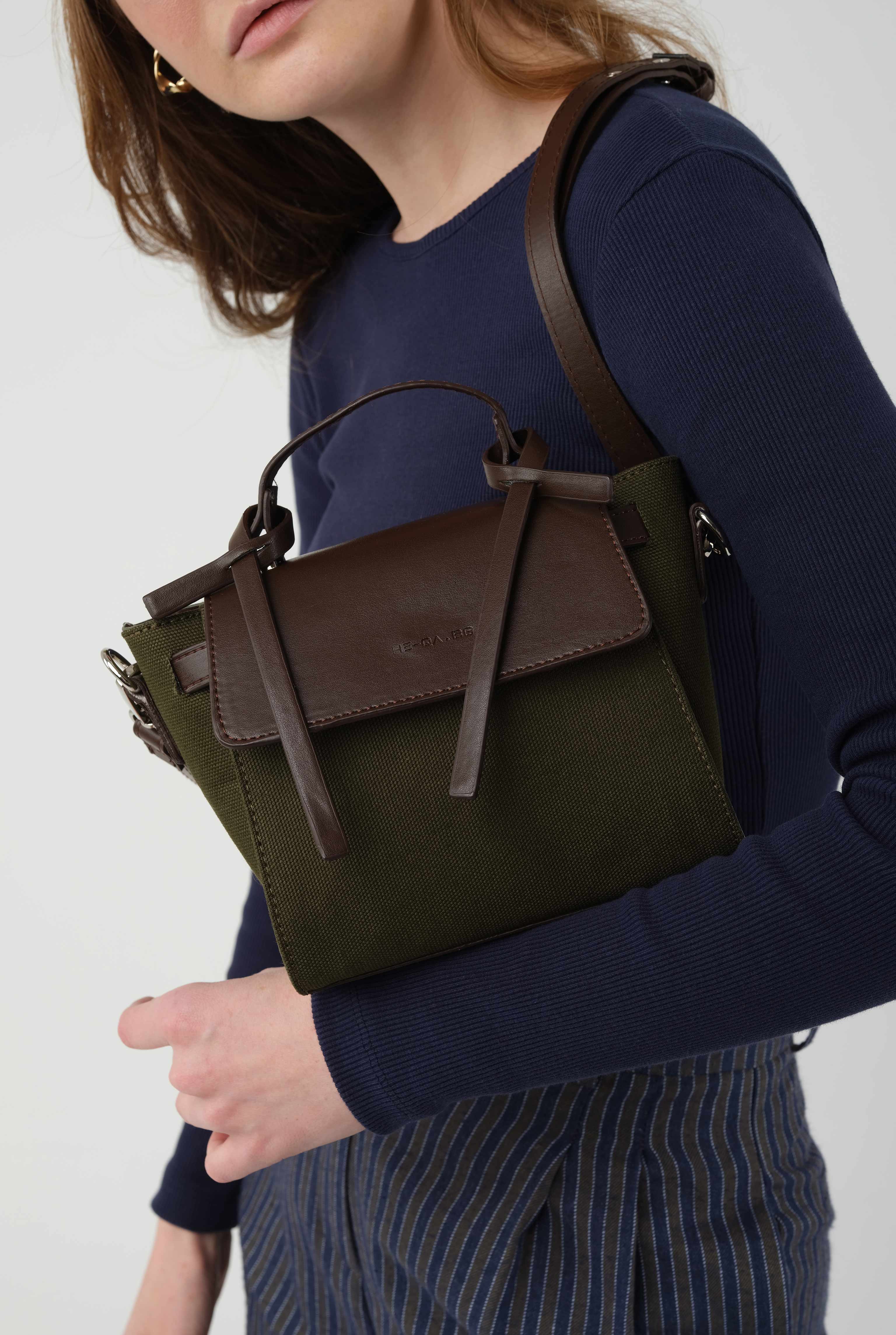 Leather Covered Canvas Bag Khaki - HE-QA