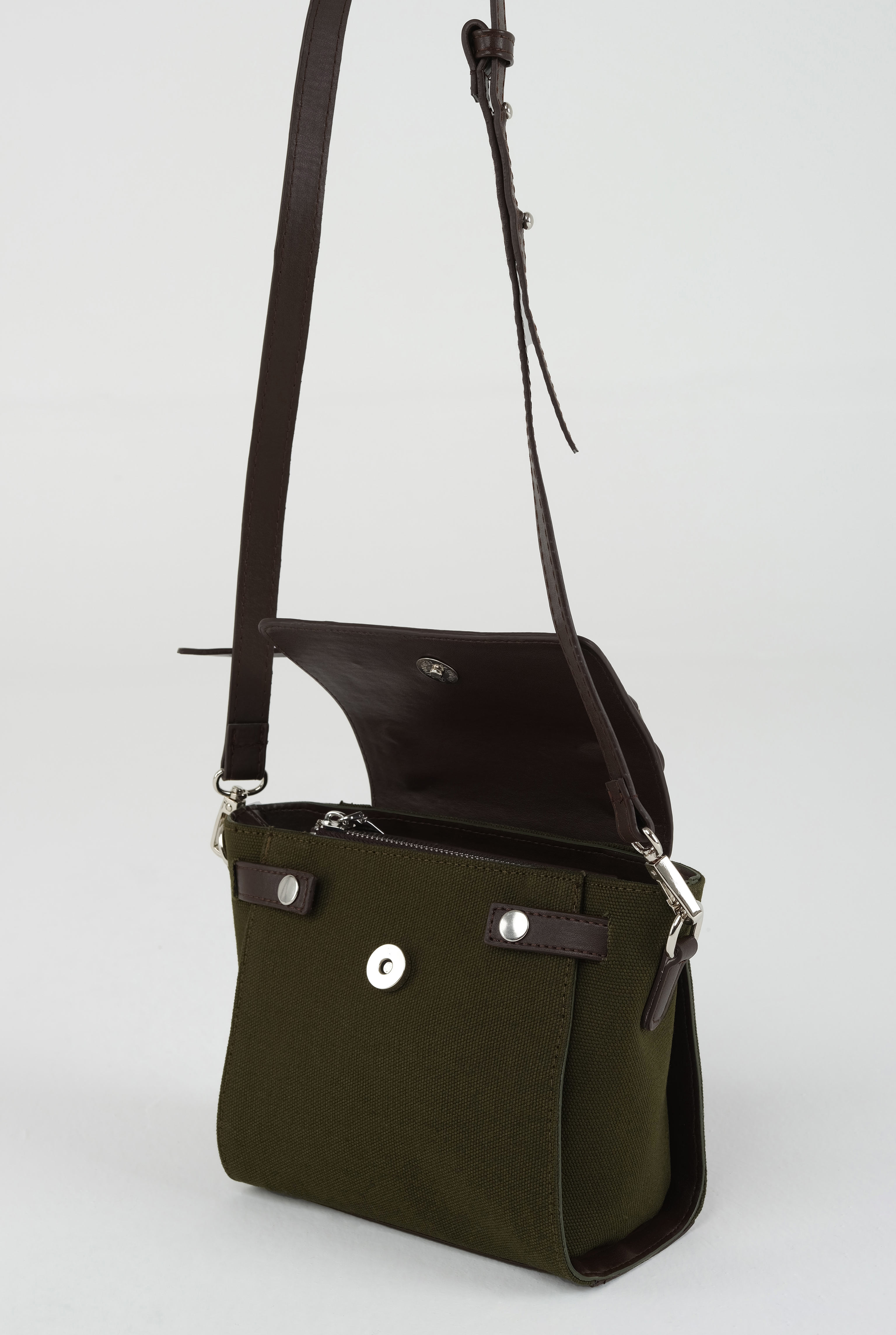 Leather Covered Canvas Bag Khaki - 6