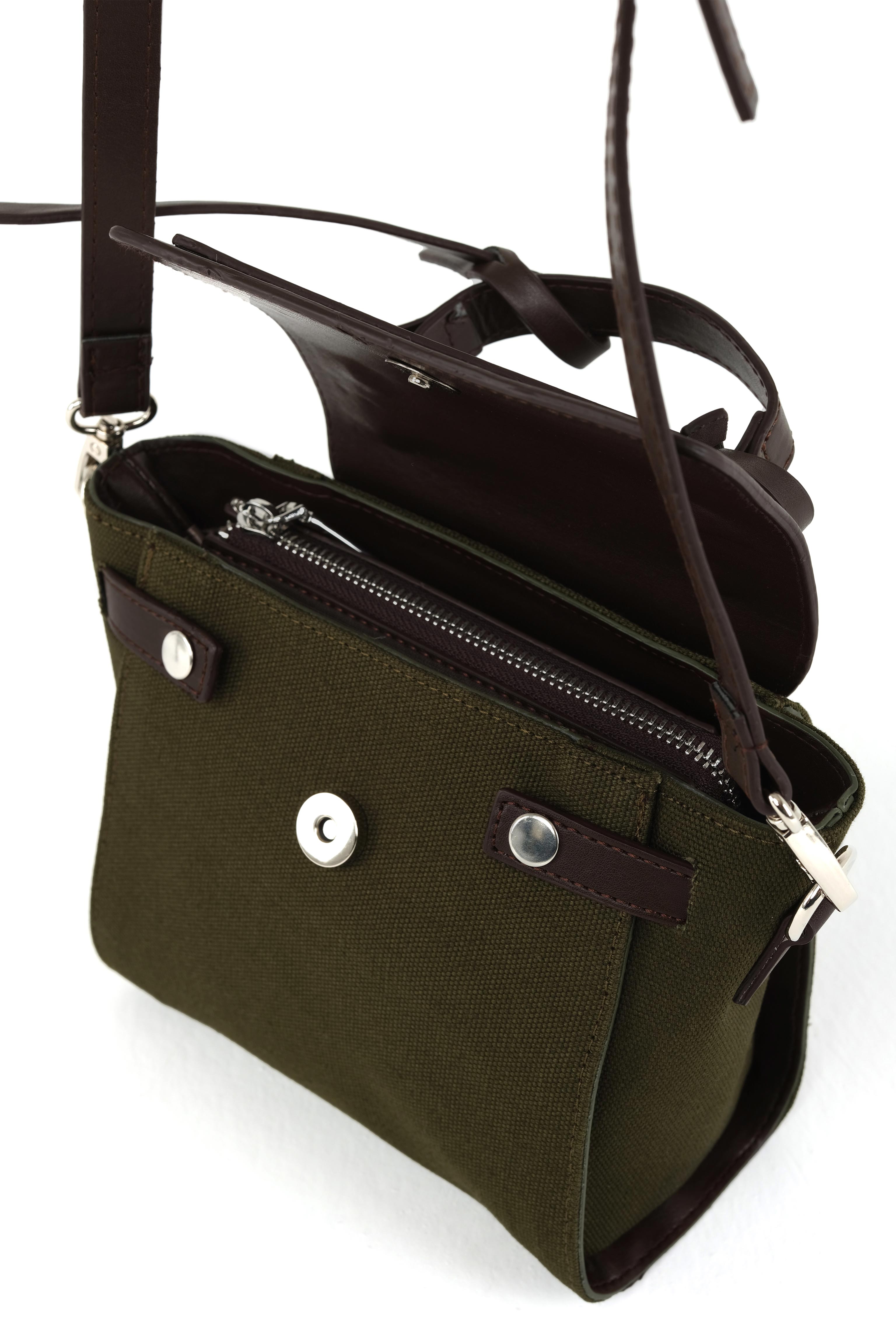 Leather Covered Canvas Bag Khaki - 7