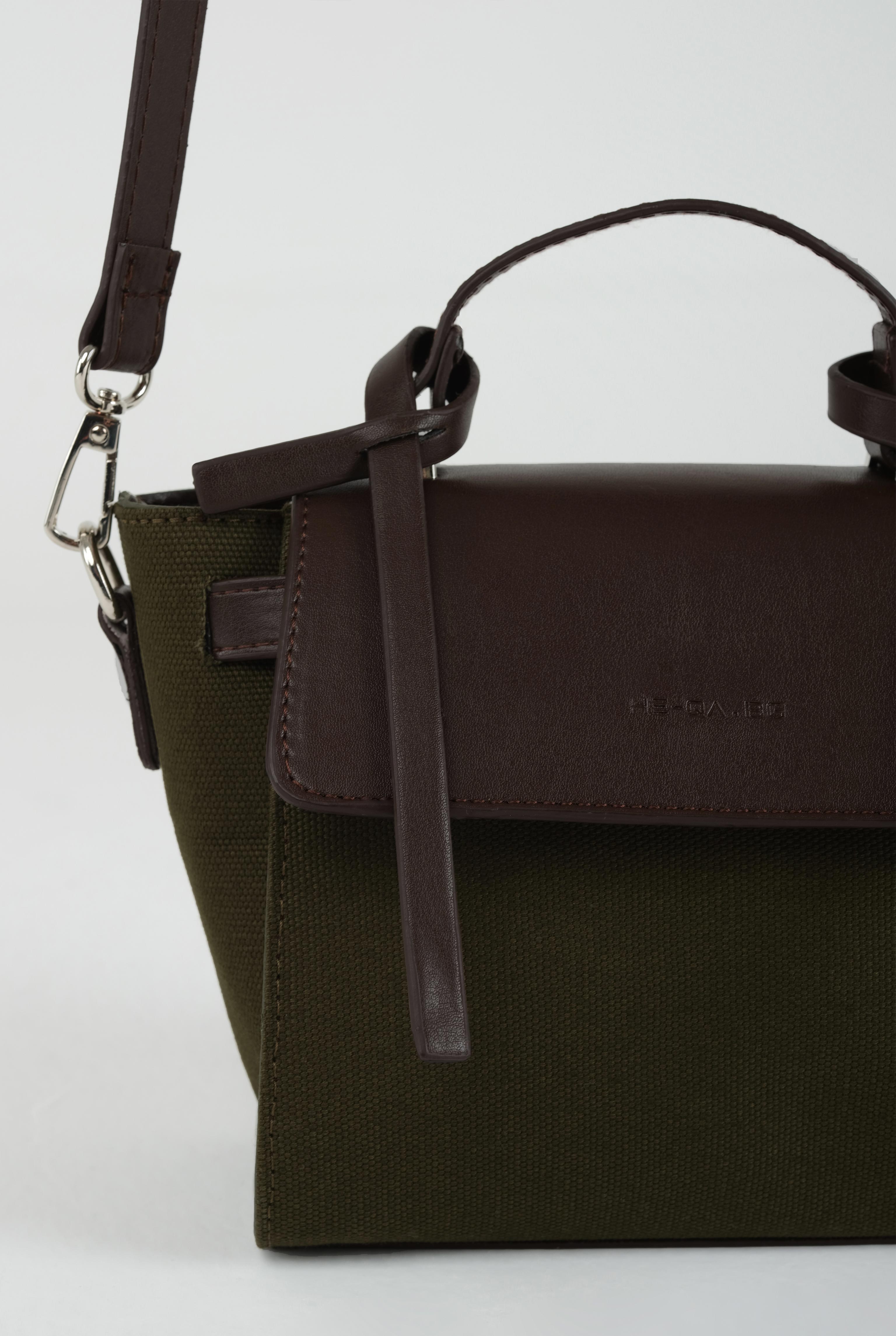 Leather Covered Canvas Bag Khaki - 9