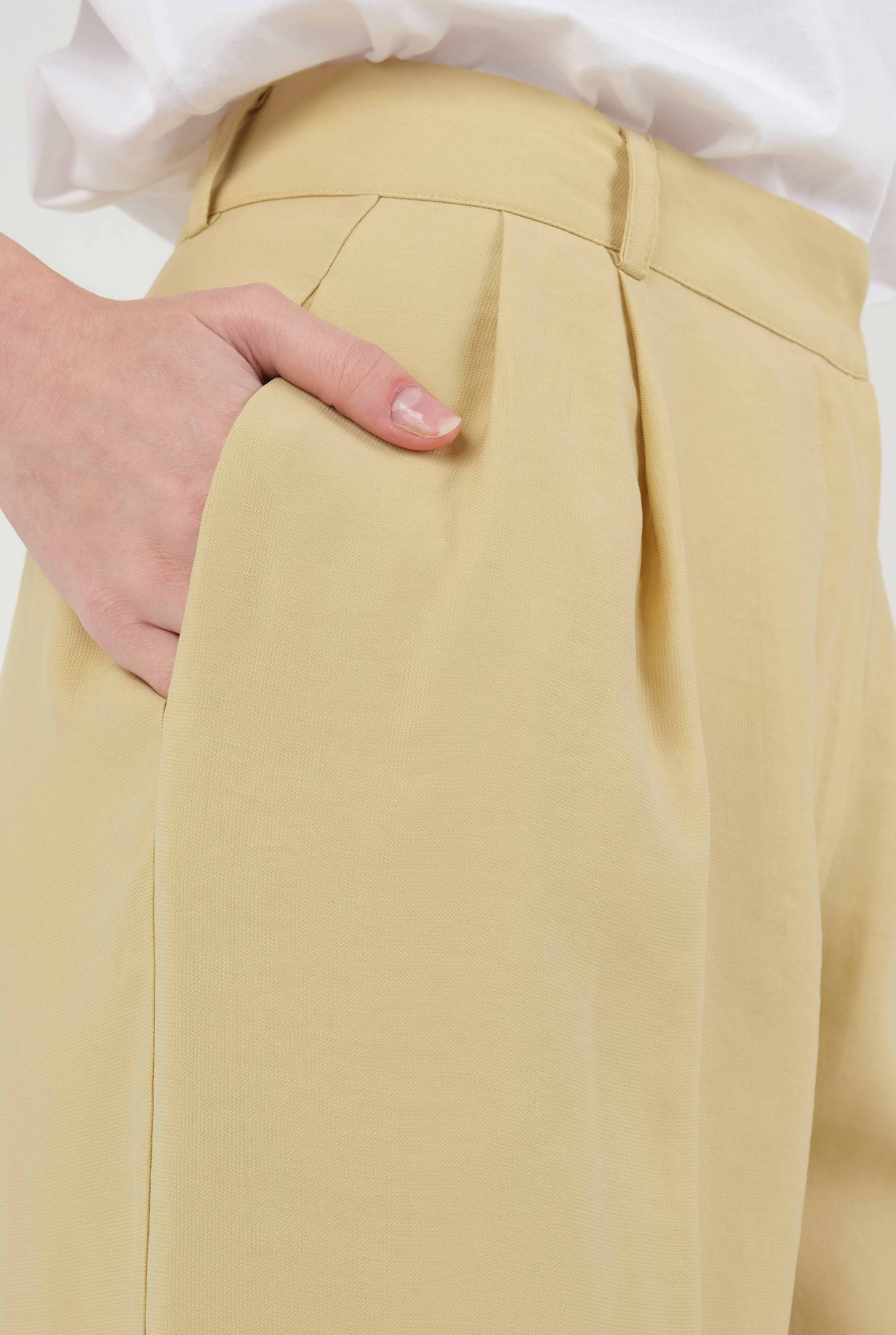 Geniş Paça Pileli Pantolon Pastel Sarı - 3