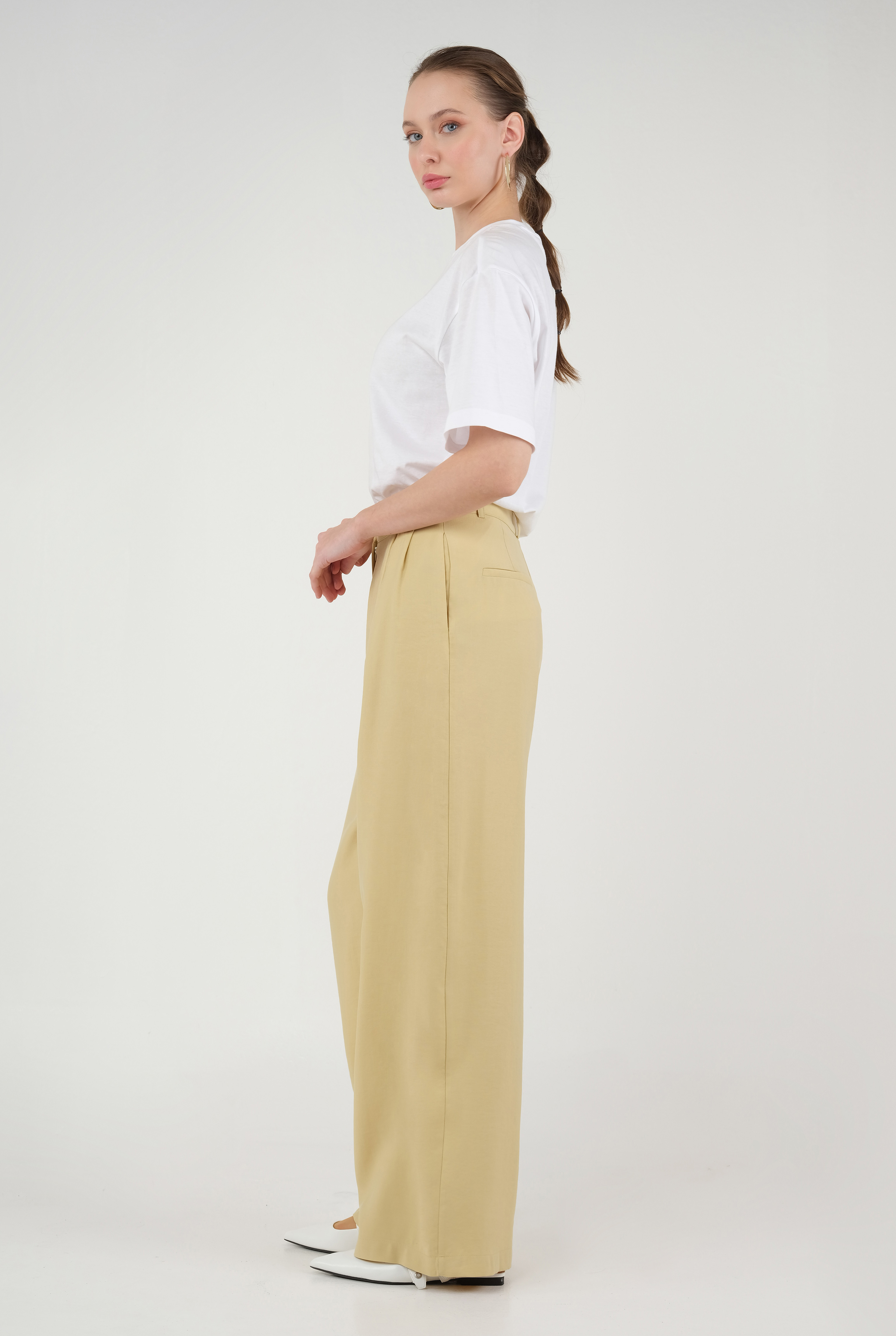 Geniş Paça Pileli Pantolon Pastel Sarı - 4