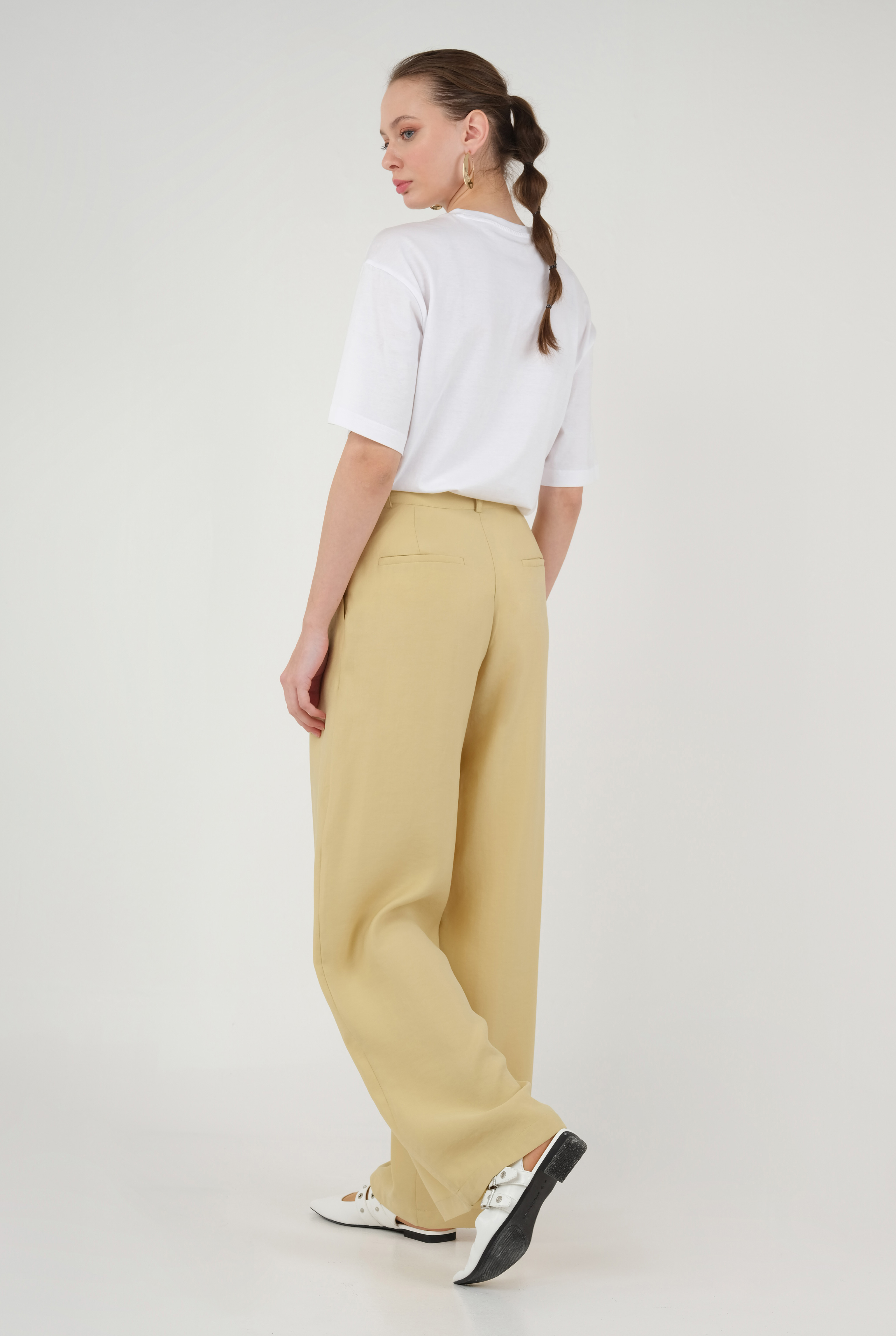 Geniş Paça Pileli Pantolon Pastel Sarı - 5
