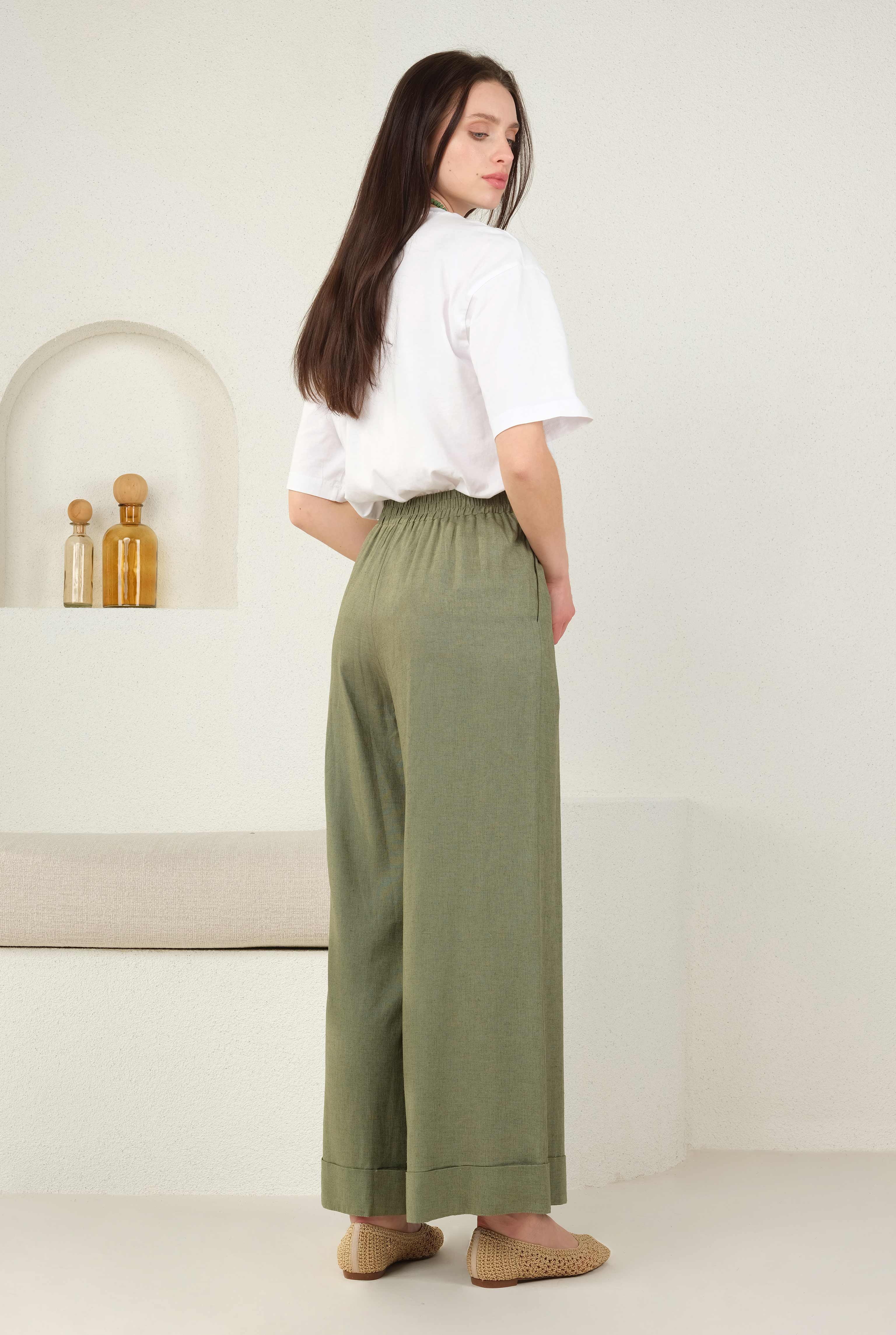 Keten Bol Paça Pantolon Küf Yeşili - 7