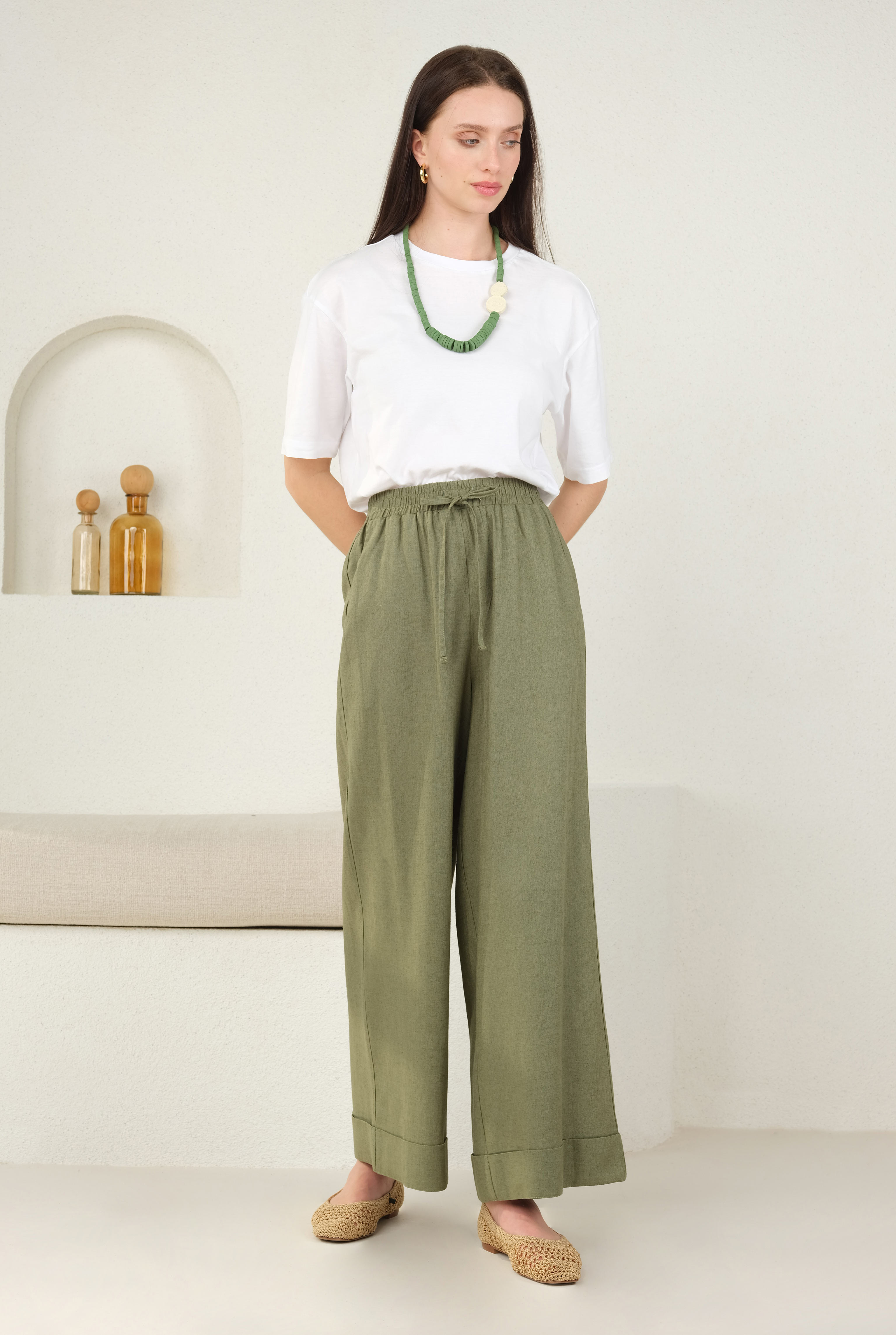 Keten Bol Paça Pantolon Küf Yeşili - 8