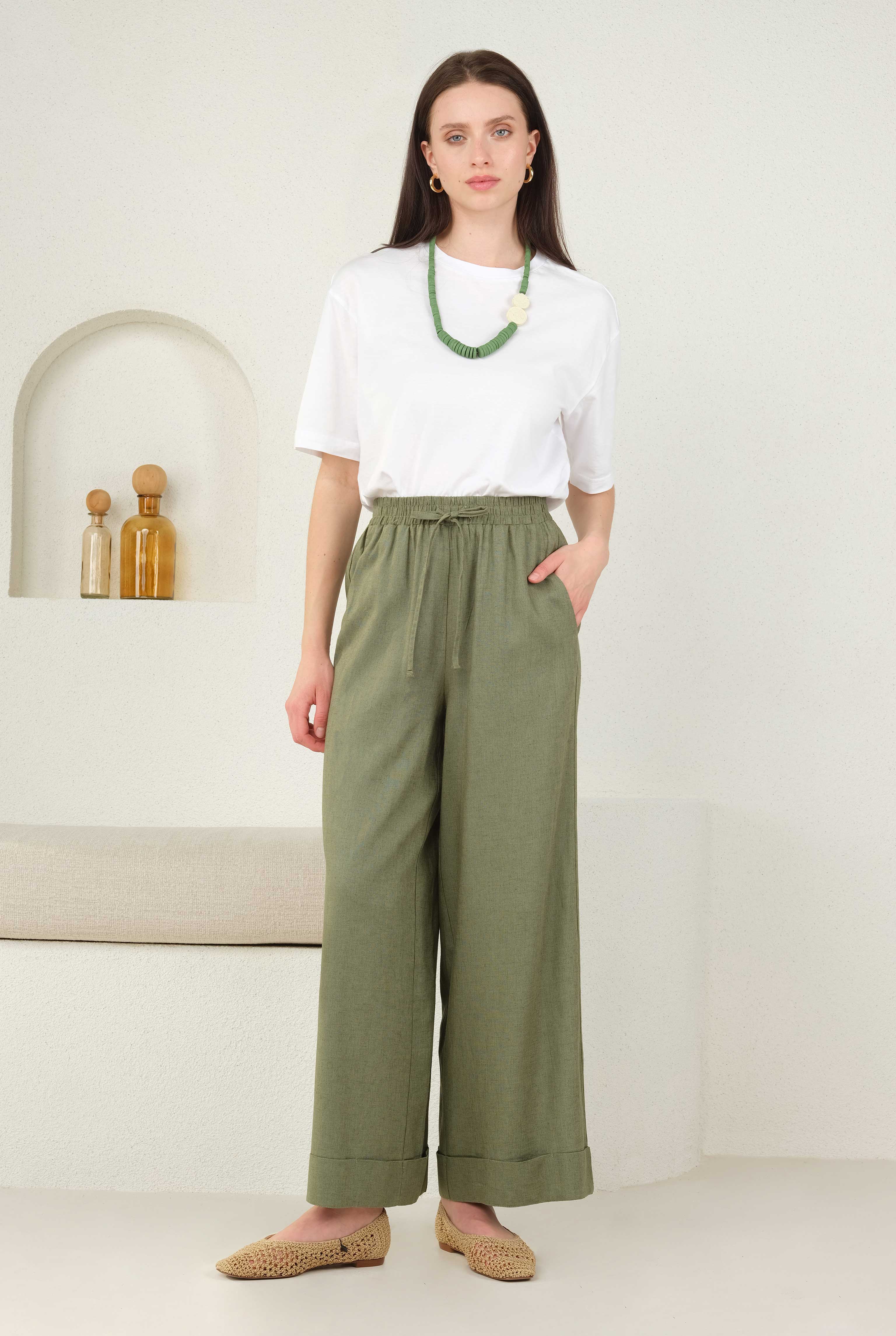 Keten Bol Paça Pantolon Küf Yeşili - 6