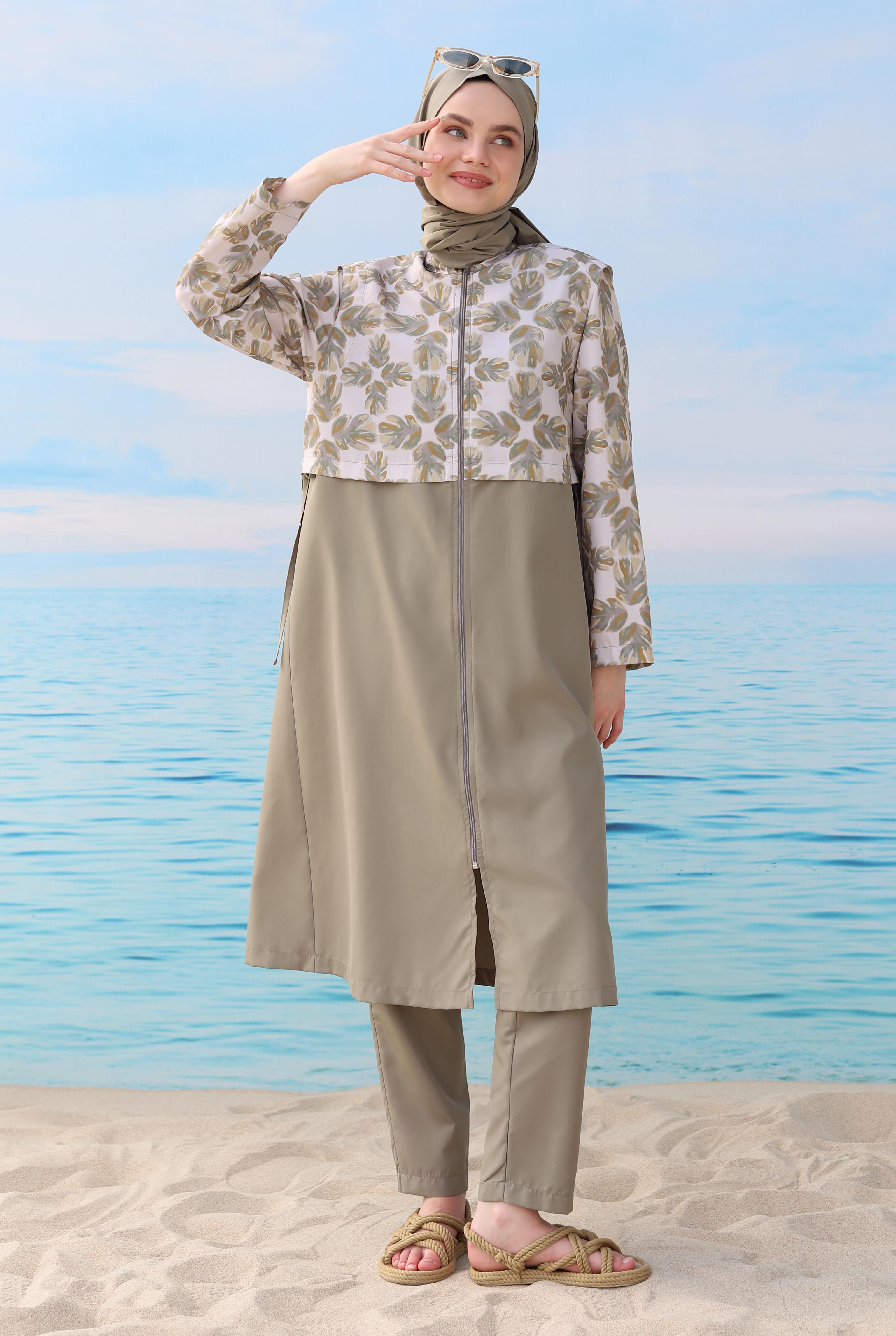 Patterned Swimsuit Light Khaki - 3
