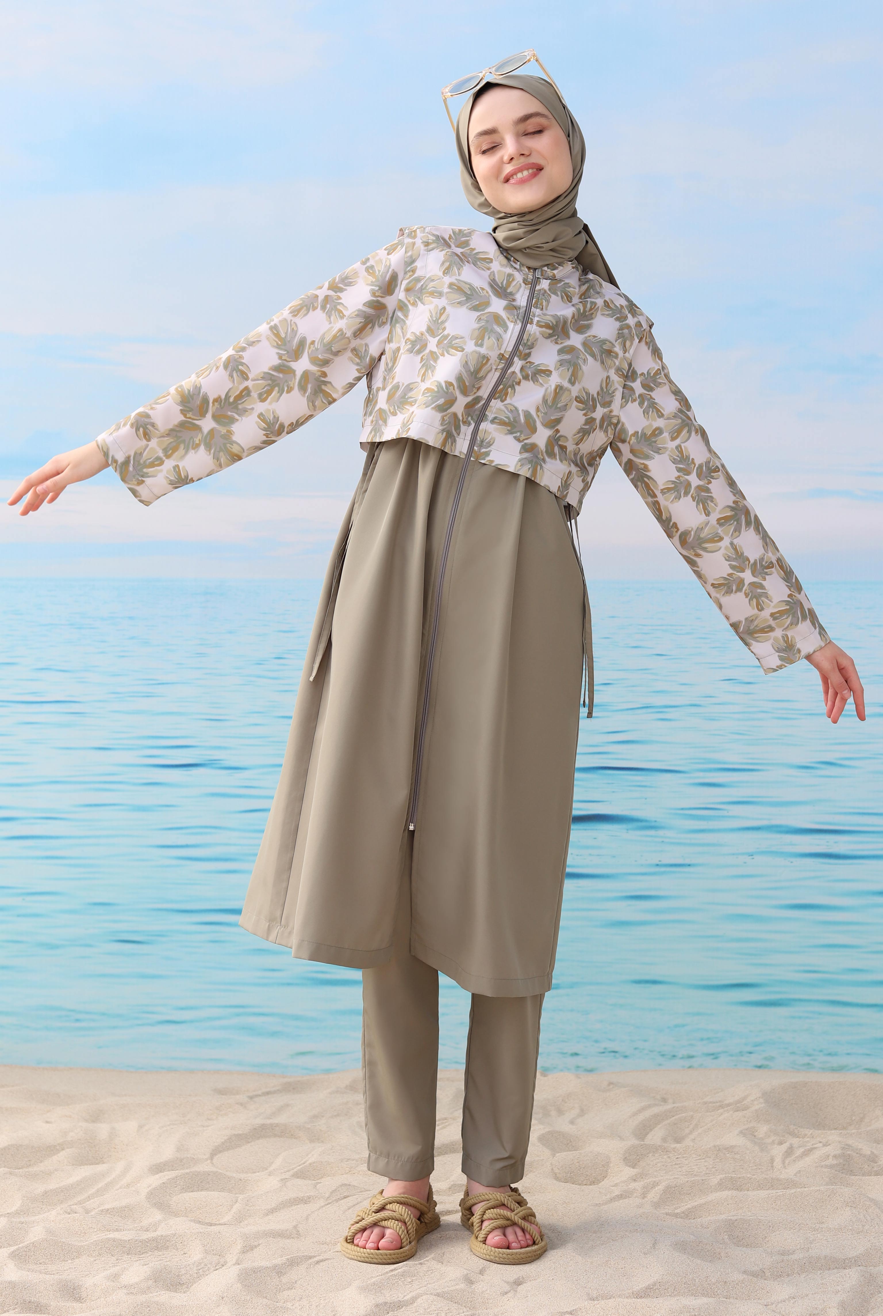 Patterned Swimsuit Light Khaki - 2