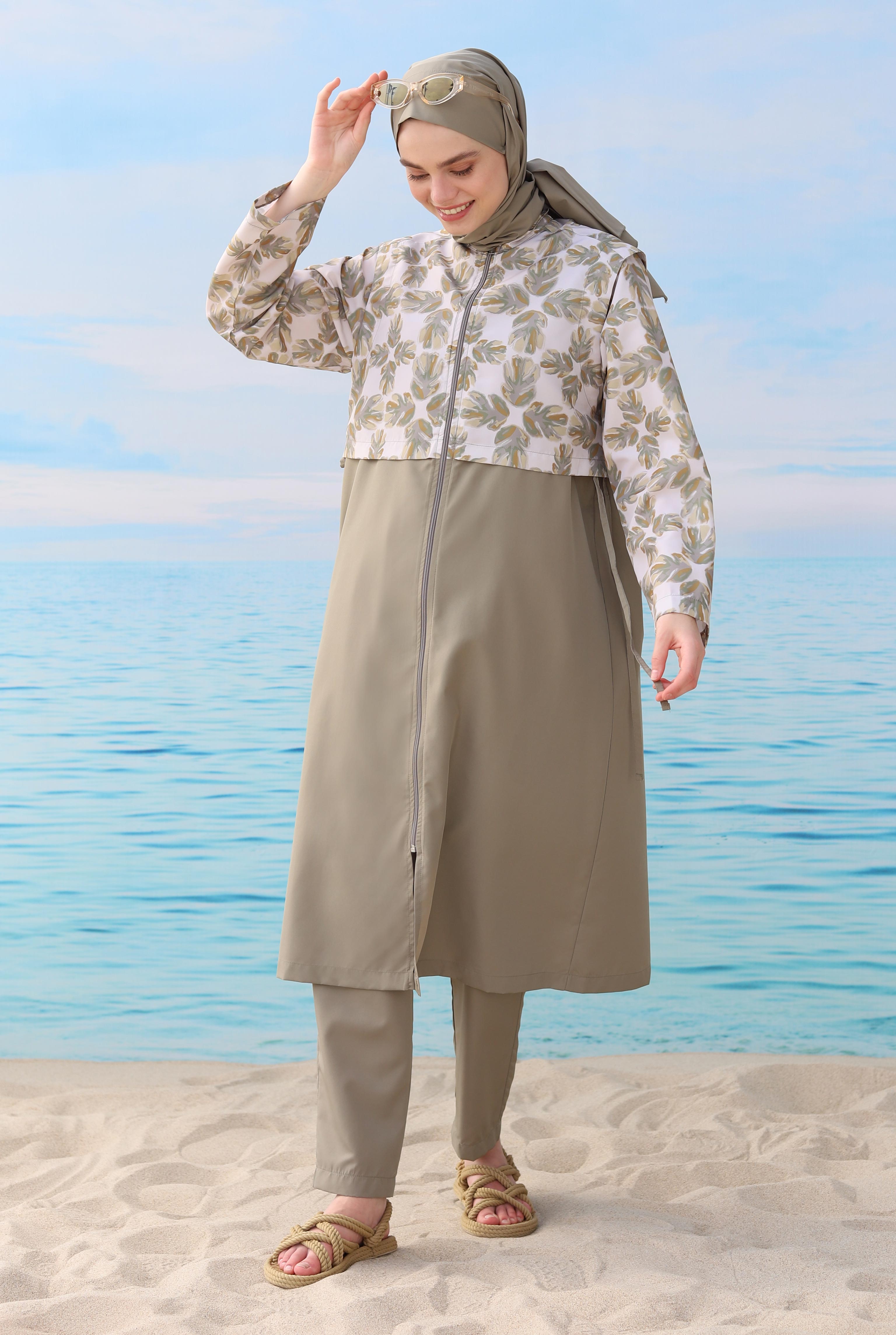 Patterned Swimsuit Light Khaki - HE-QA