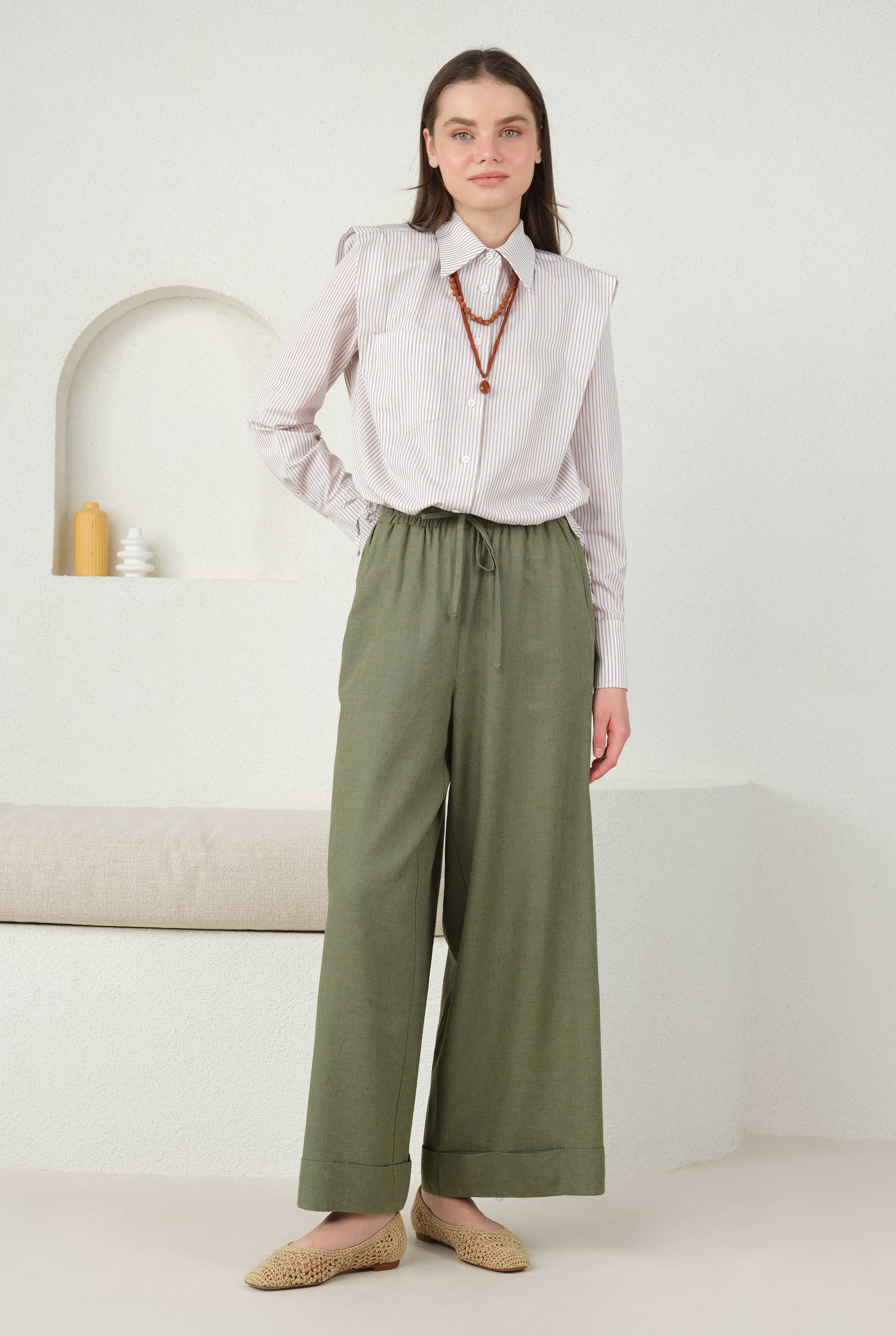 Keten Bol Paça Pantolon Küf Yeşili - 4