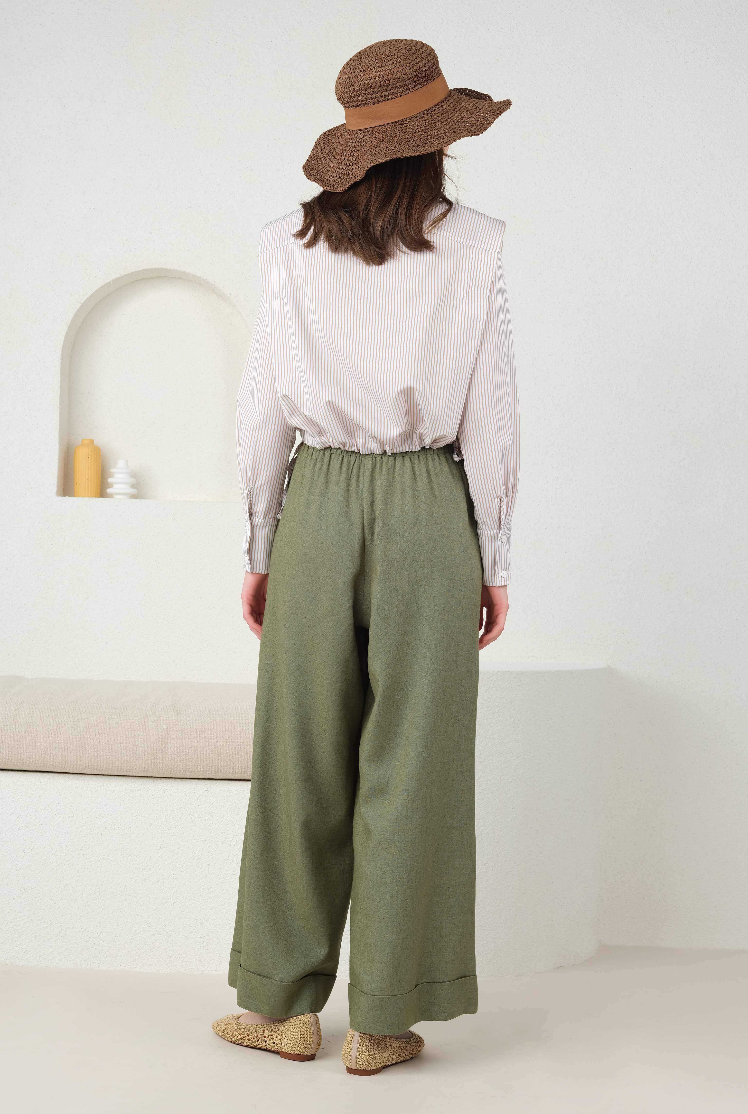 Keten Bol Paça Pantolon Küf Yeşili - 5