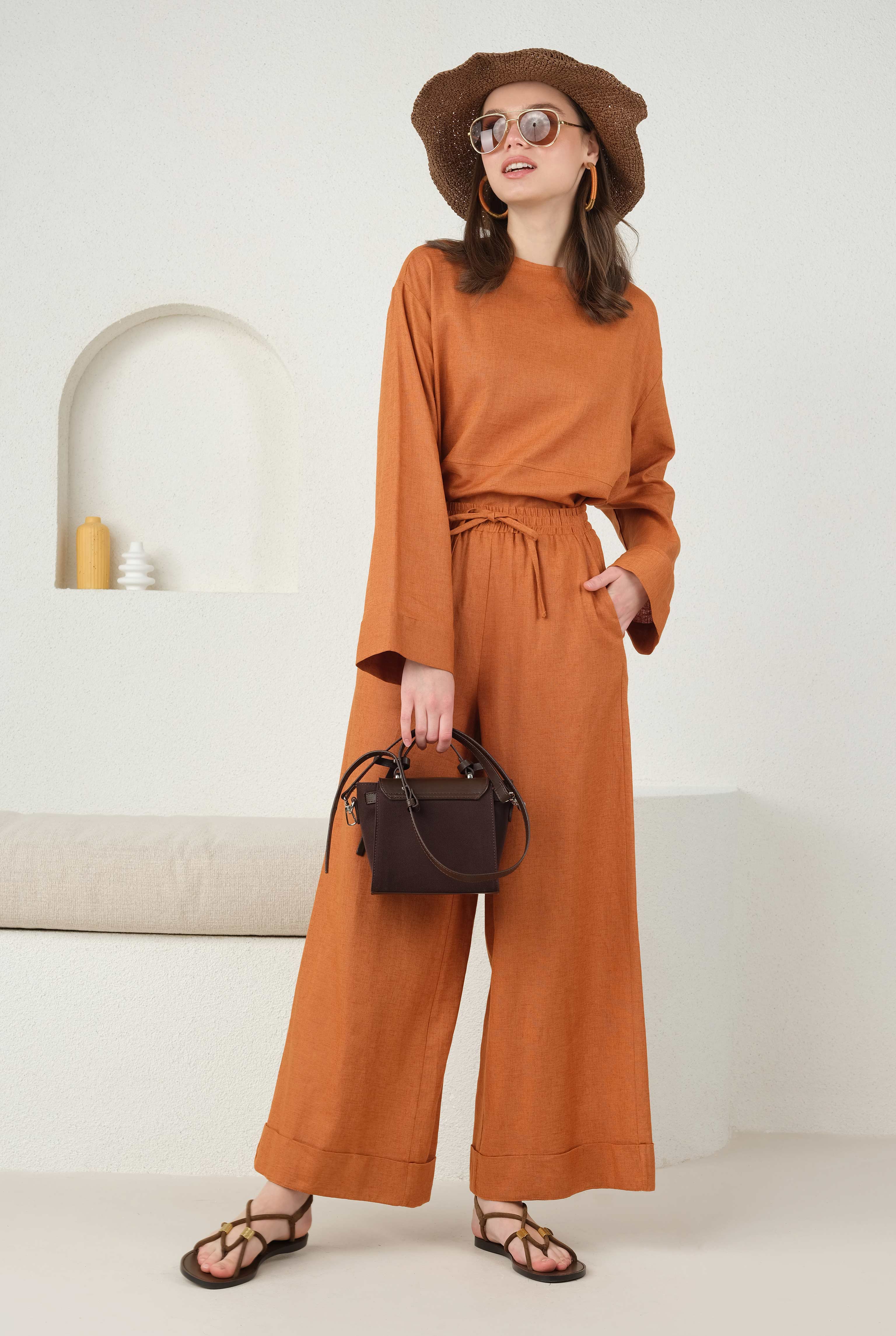 Keten Bol Paça Pantolon Papaya - 3
