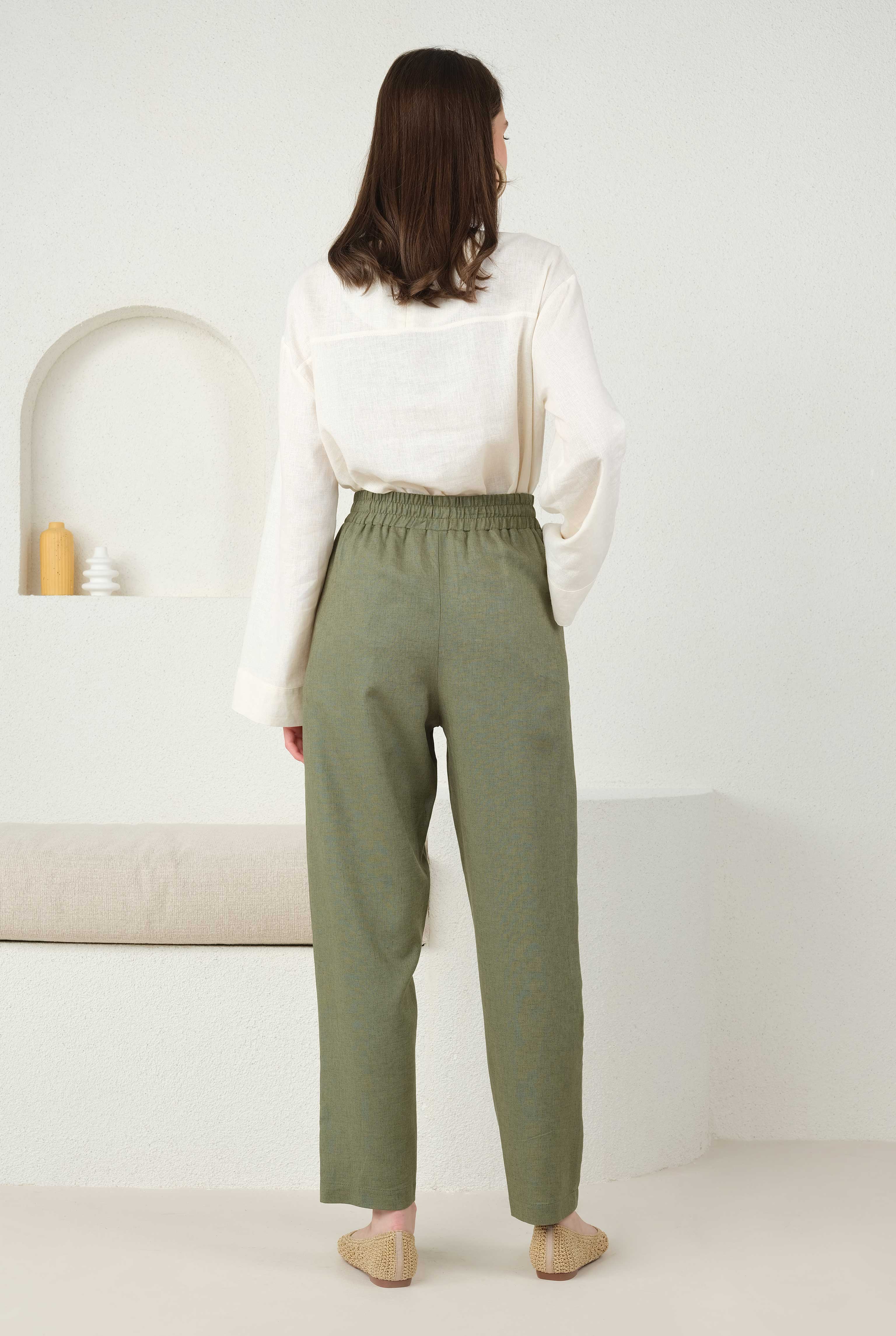 Linen Carrot Fit Trousers Reseda Green - 3