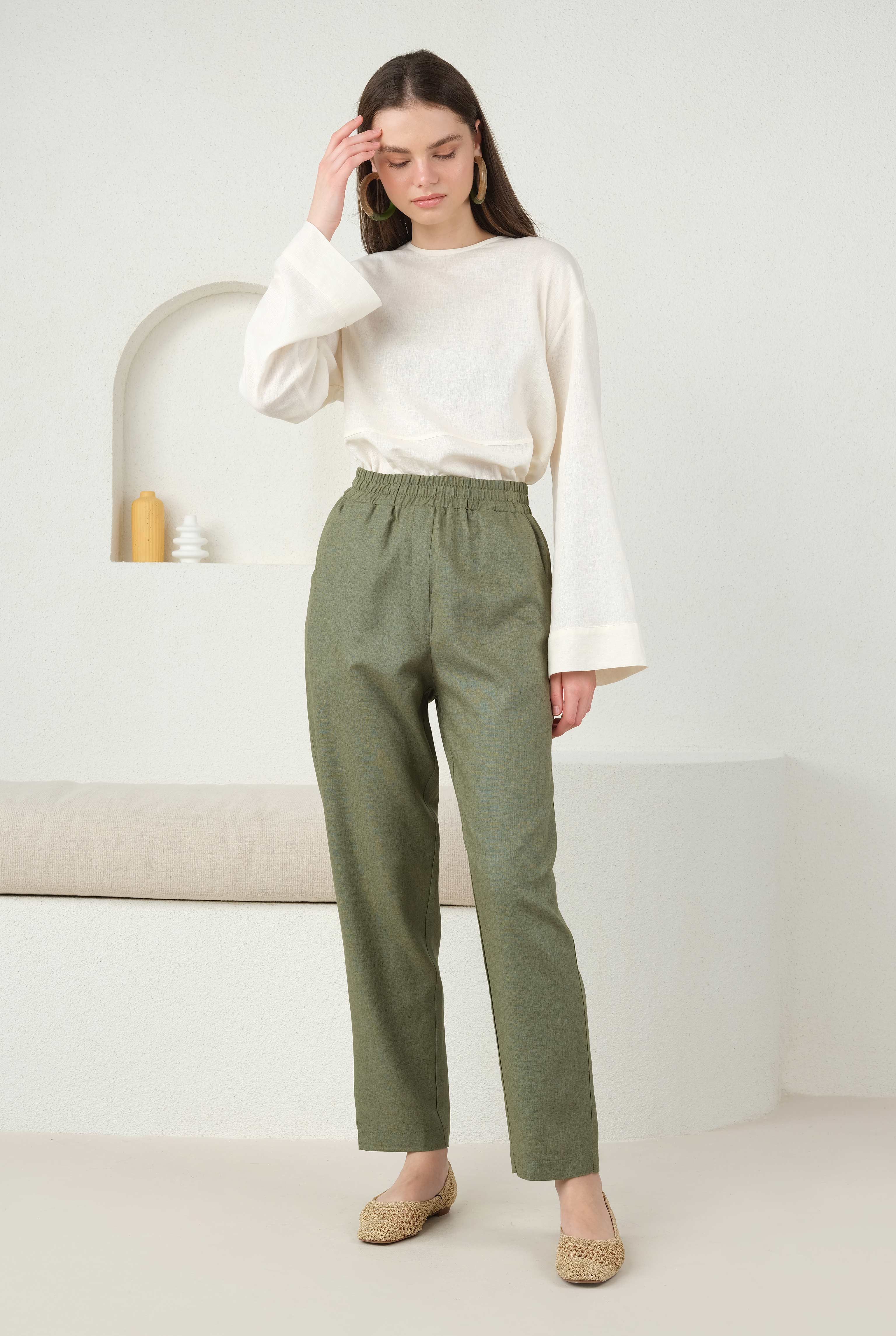 Linen Carrot Fit Trousers Reseda Green - 4