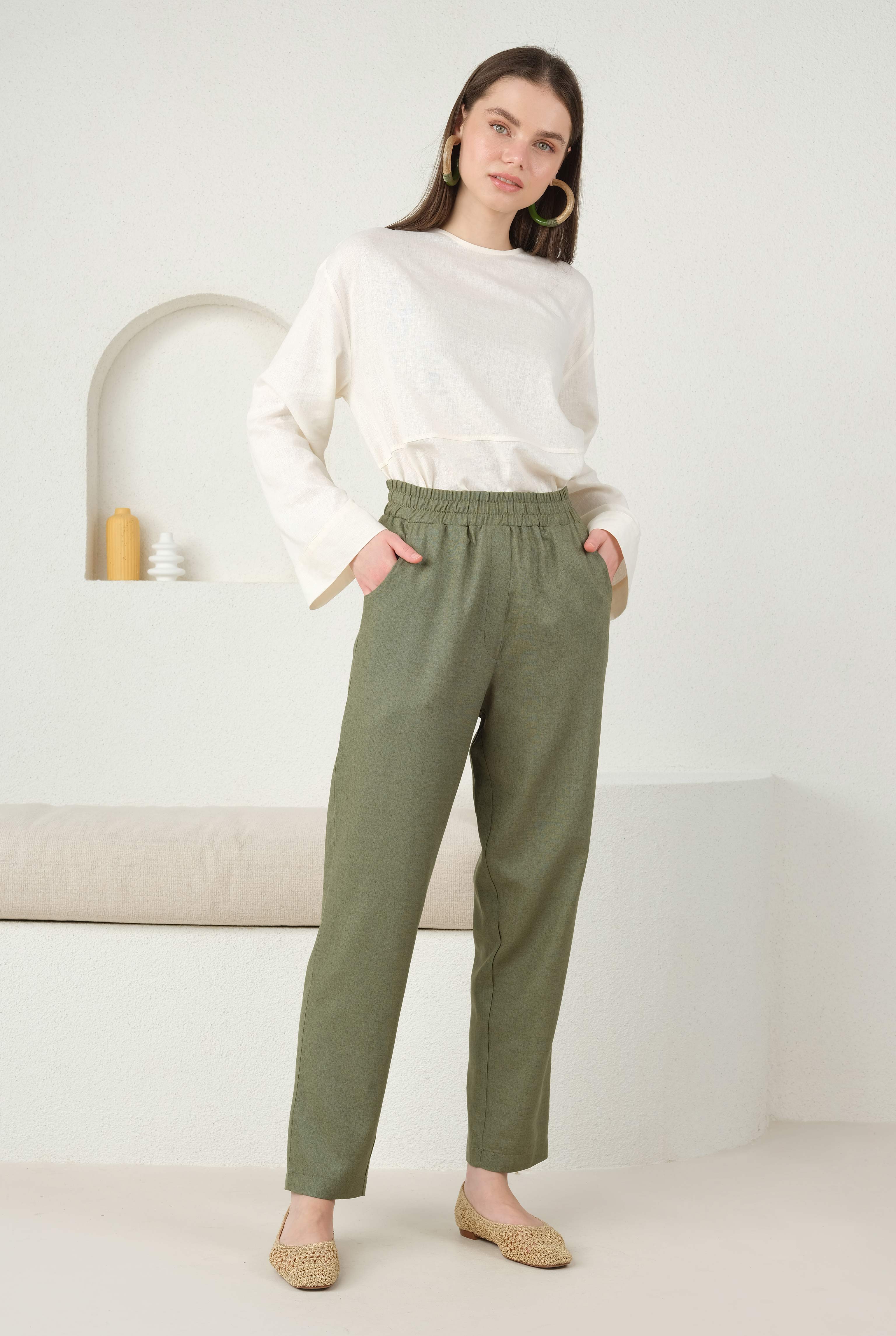 Linen Carrot Fit Trousers Reseda Green - 1