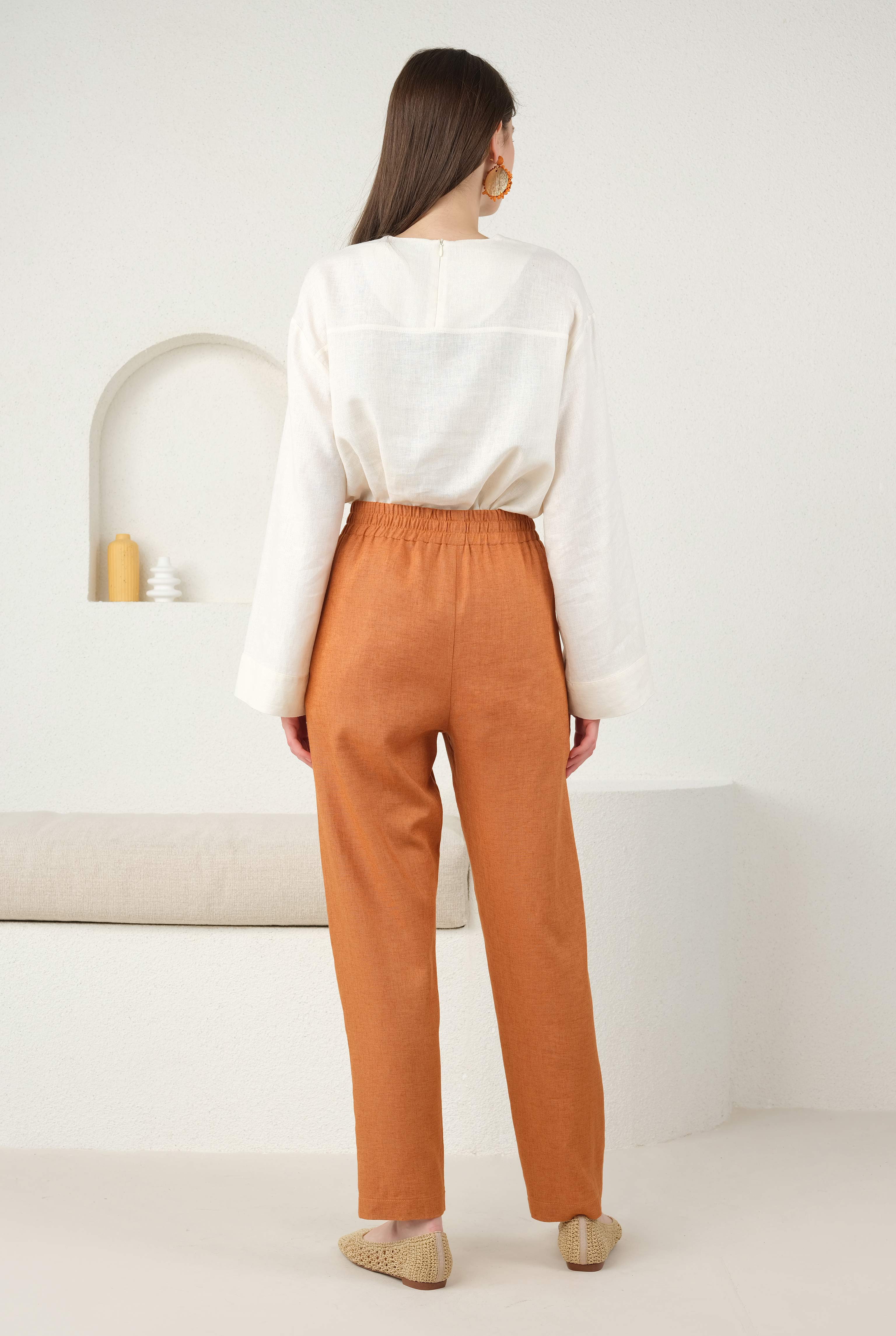 Linen Carrot Fit Trousers Papaya - 3