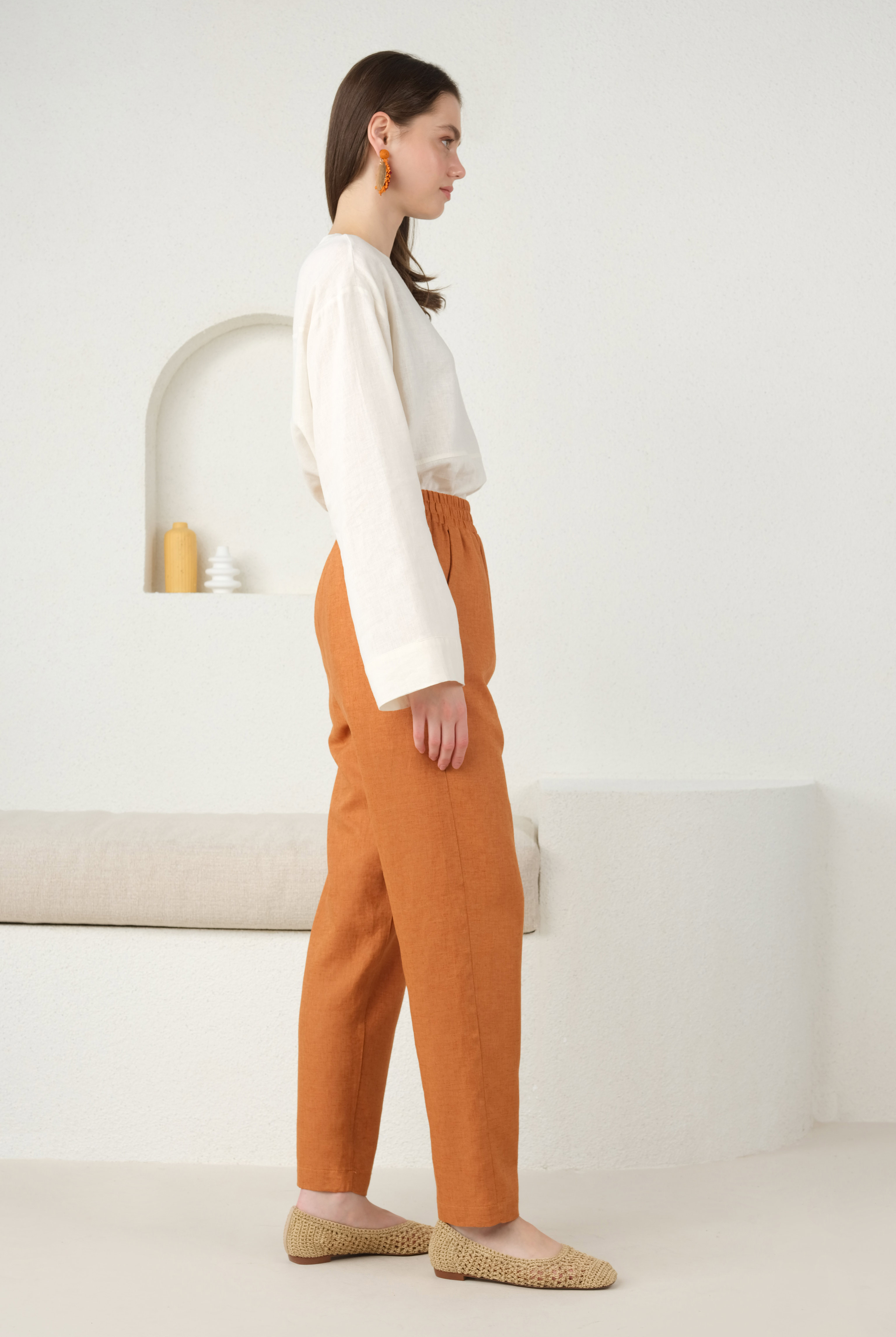 Linen Carrot Fit Trousers Papaya - 4