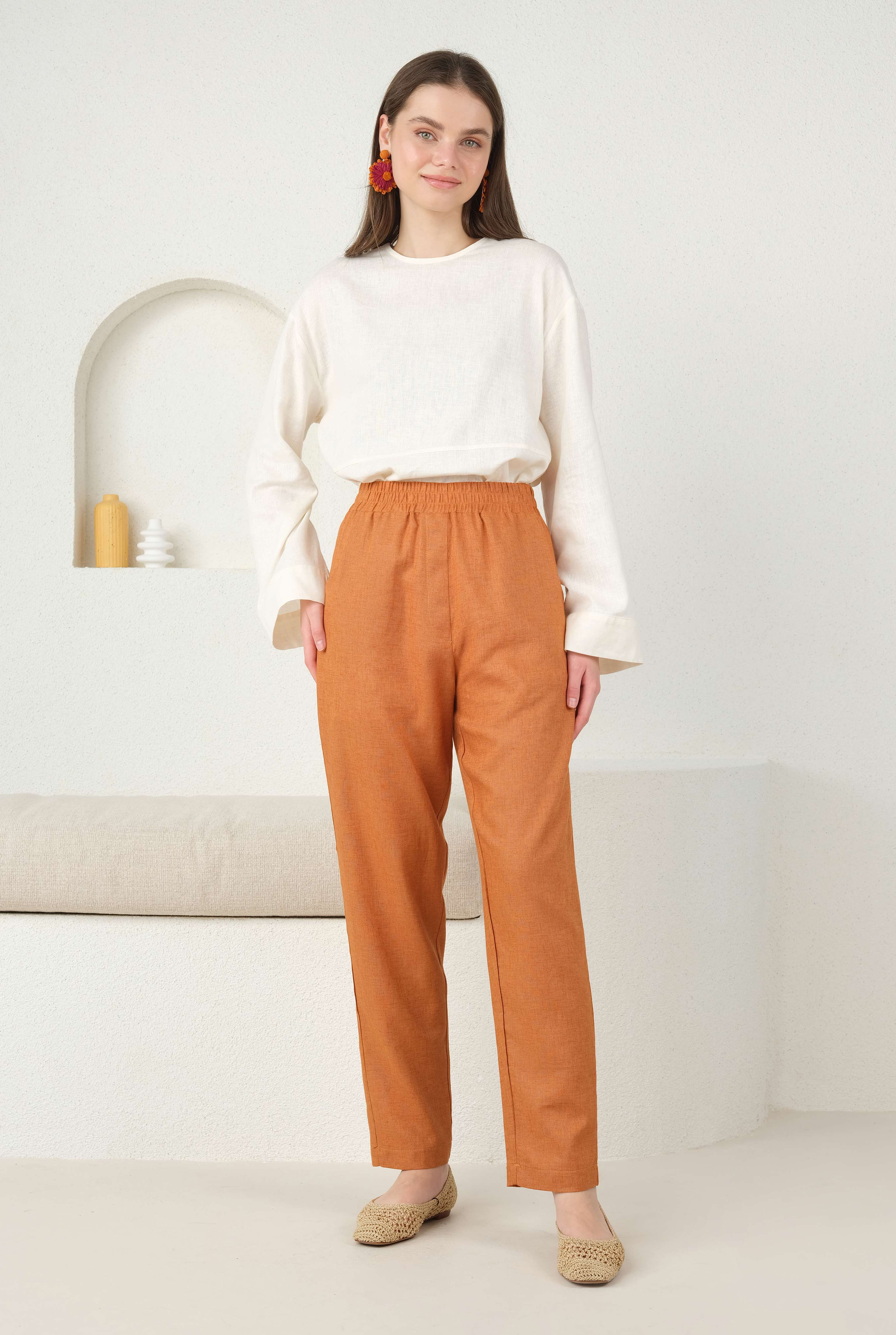 Linen Carrot Fit Trousers Papaya - 5