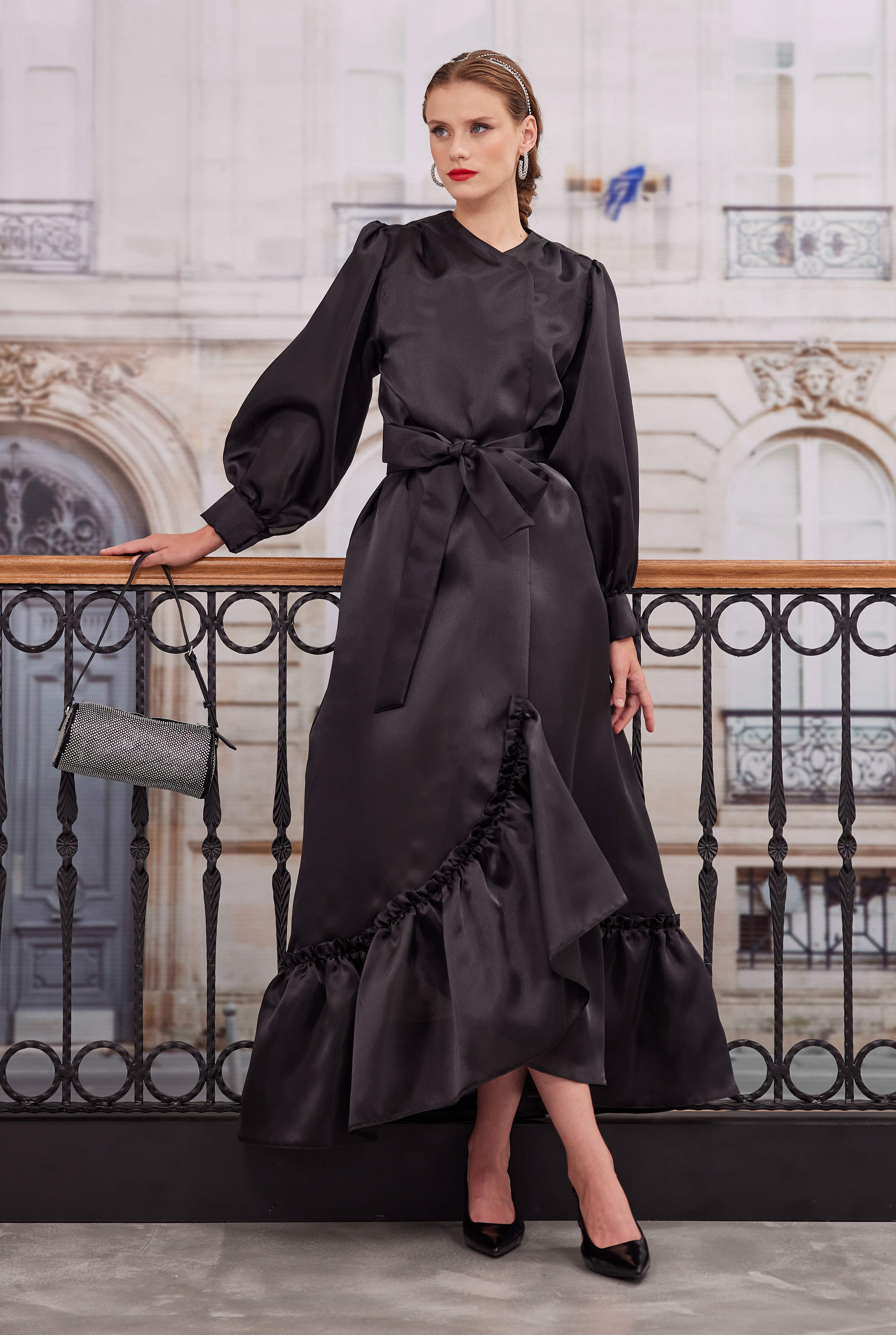 Ruffled Taffeta Dress Black - 3