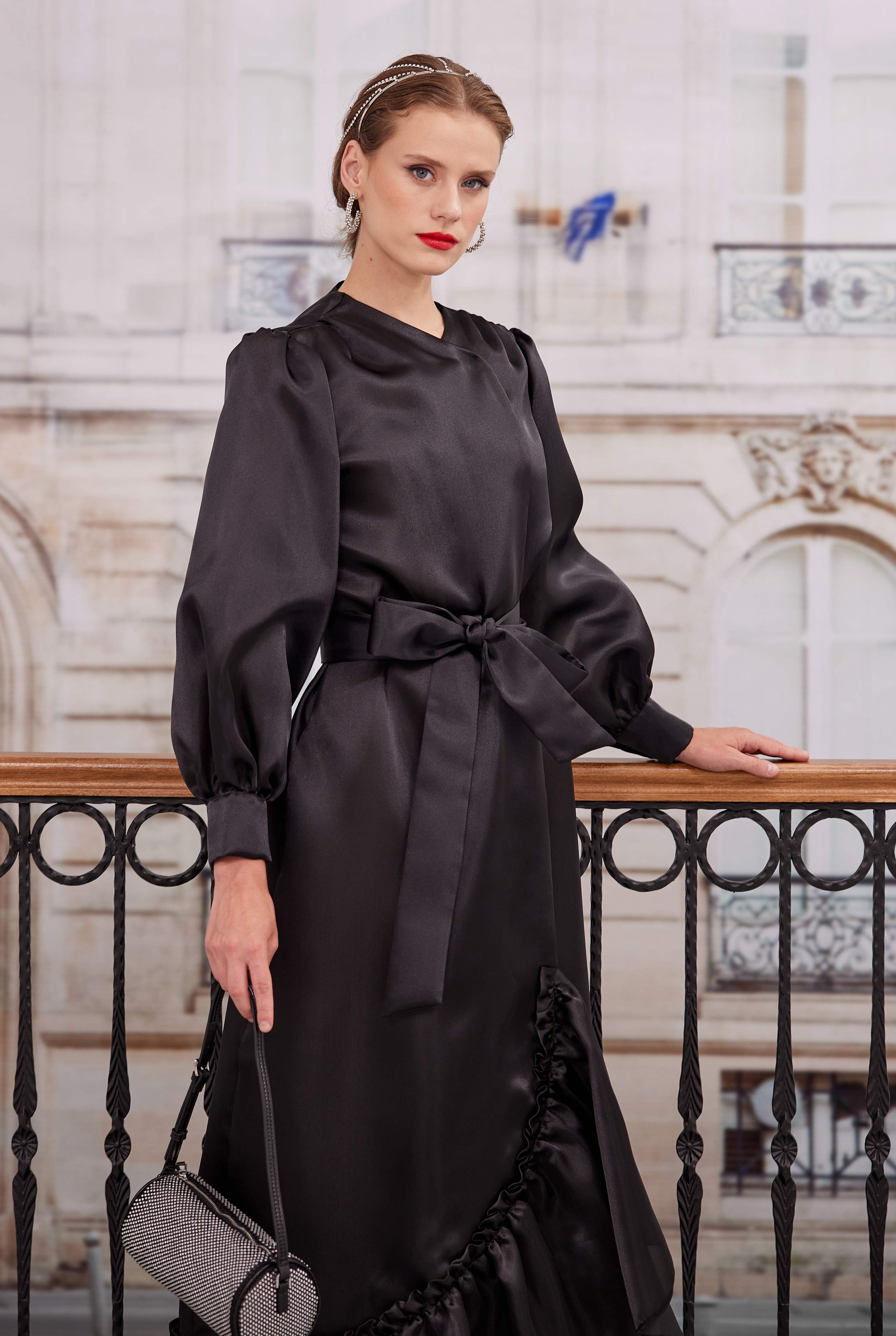 Ruffled Taffeta Dress Black - 4