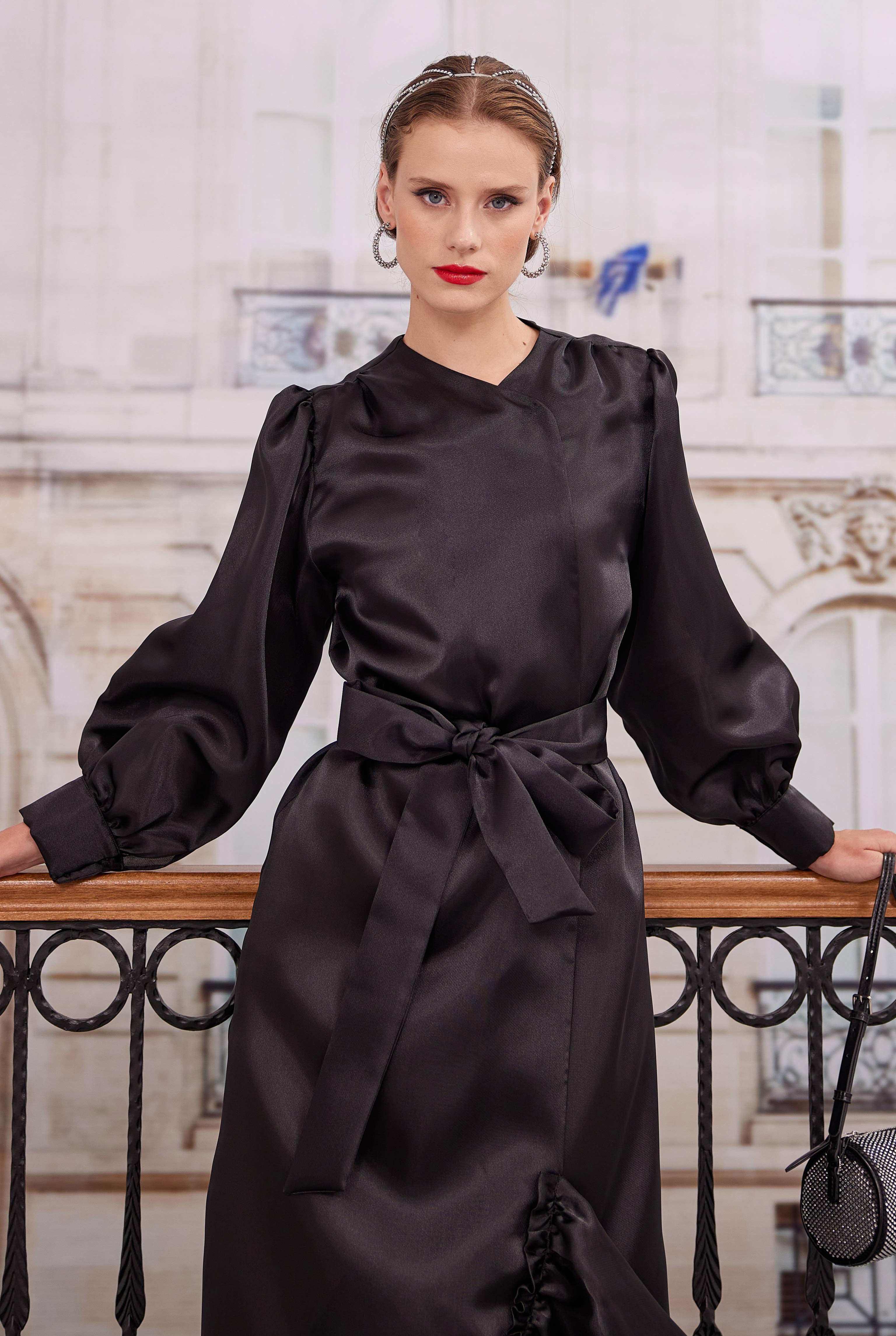 Ruffled Taffeta Dress Black - 5