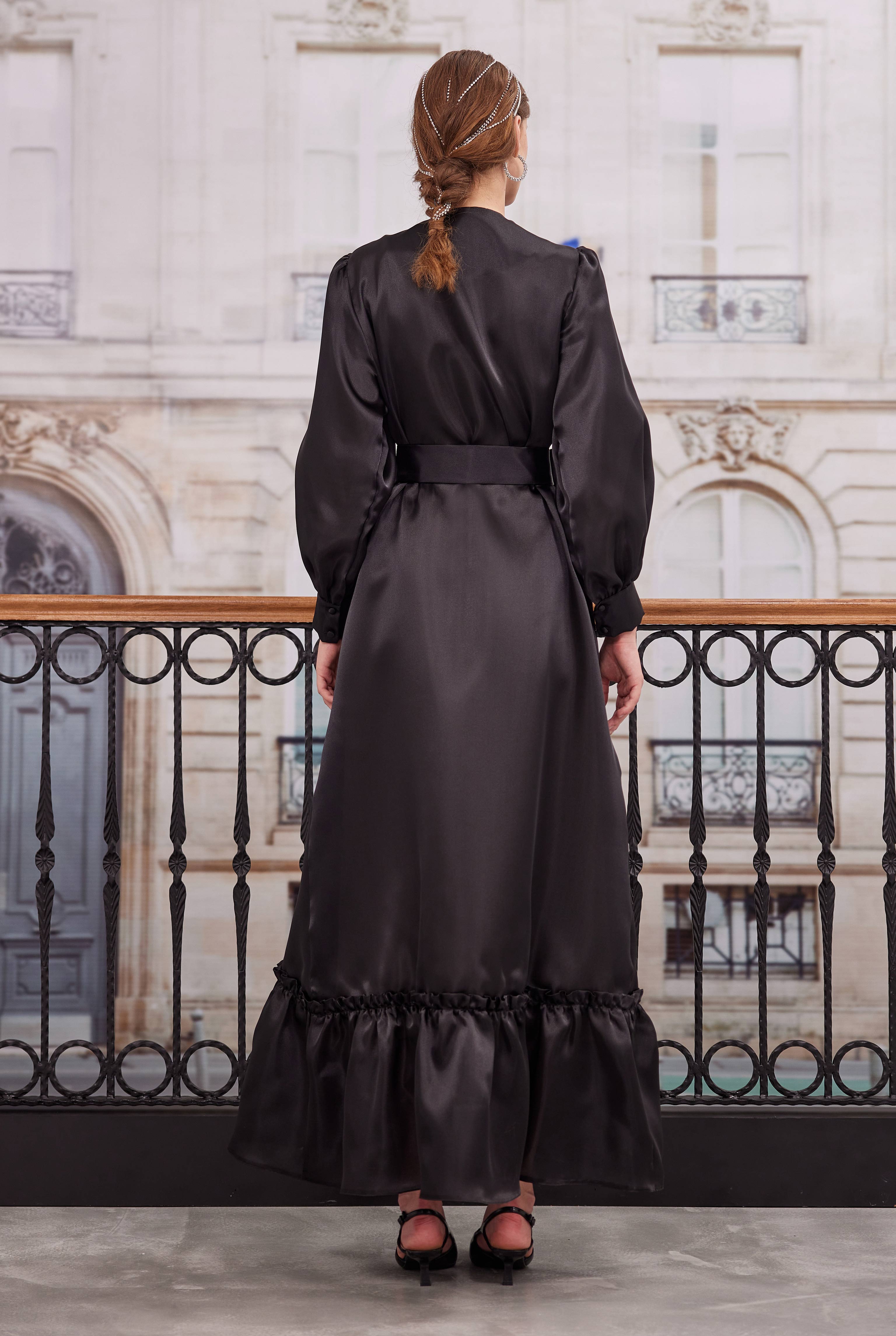 Ruffled Taffeta Dress Black - 7