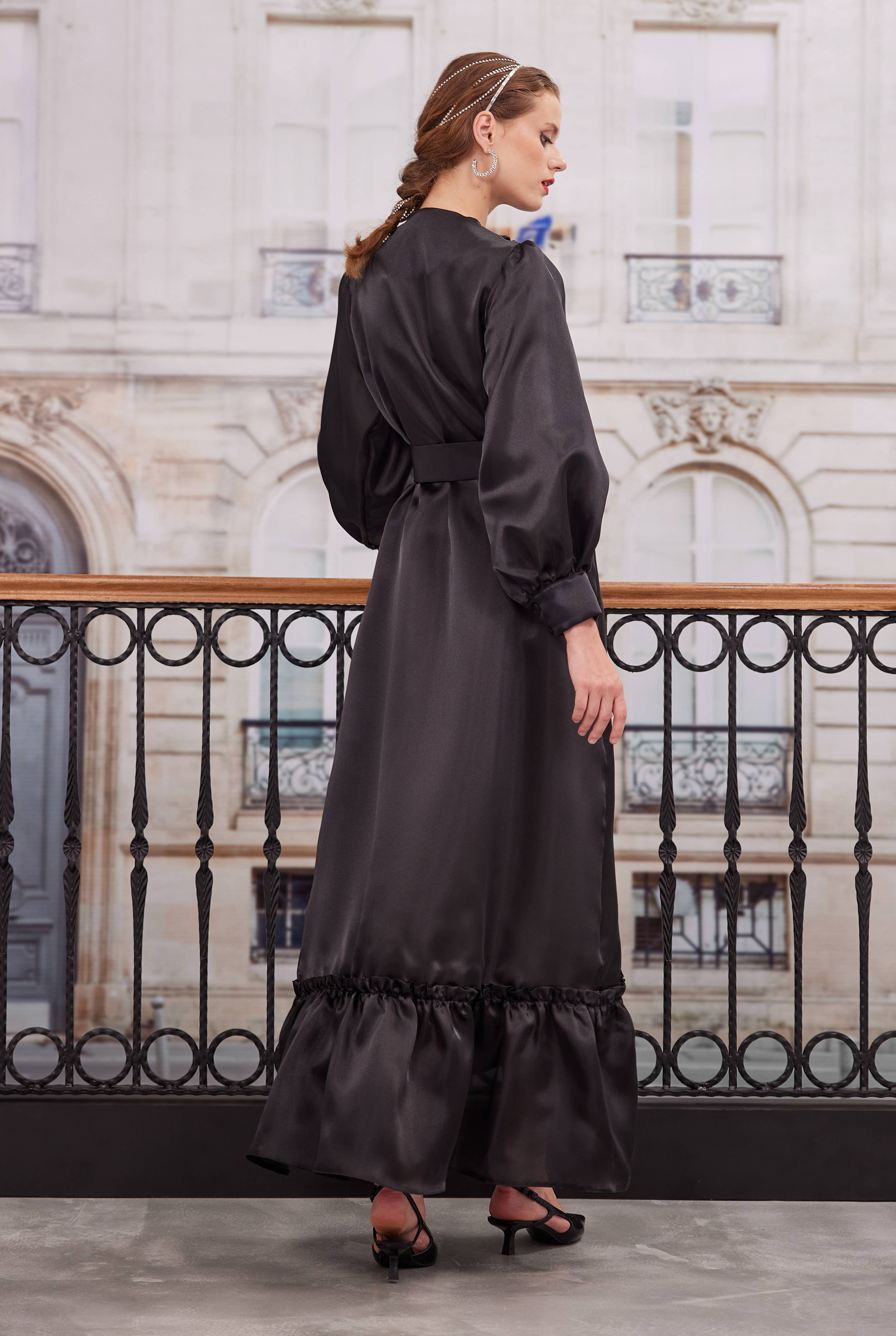 Ruffled Taffeta Dress Black - 6