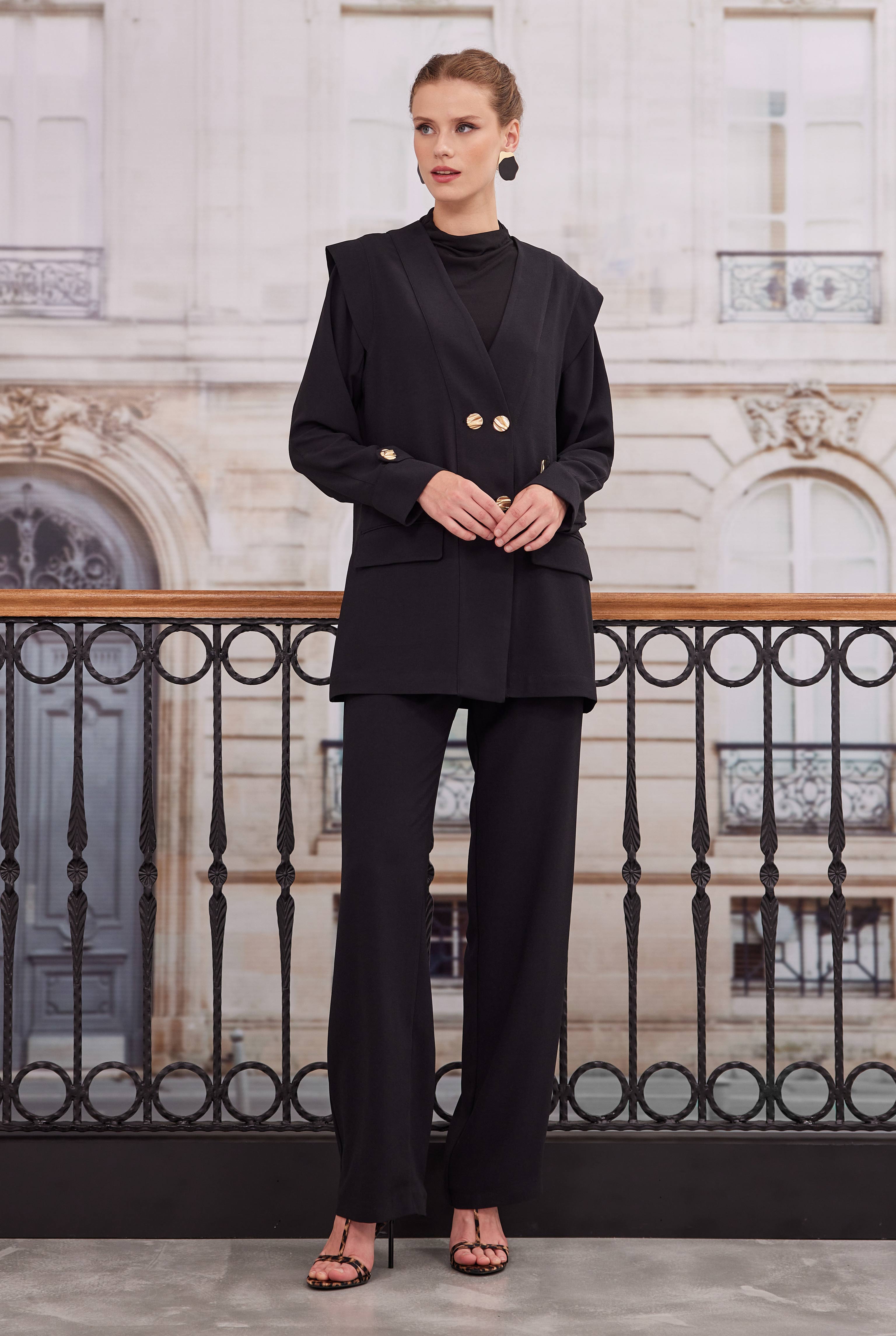 Double Breasted Blazer Jacket Trousers Set Black - 3