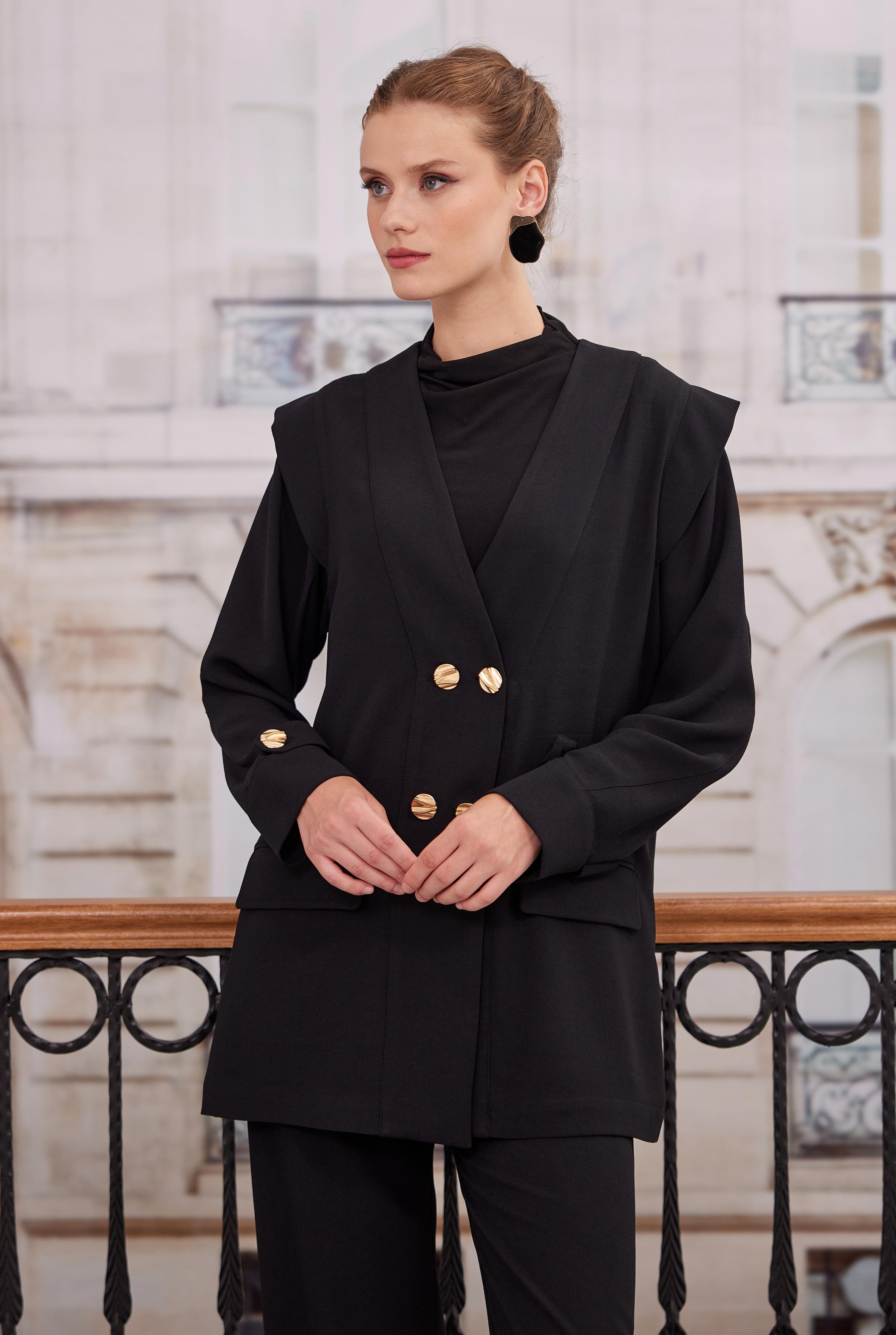 Double Breasted Blazer Jacket Trousers Set Black - HE-QA