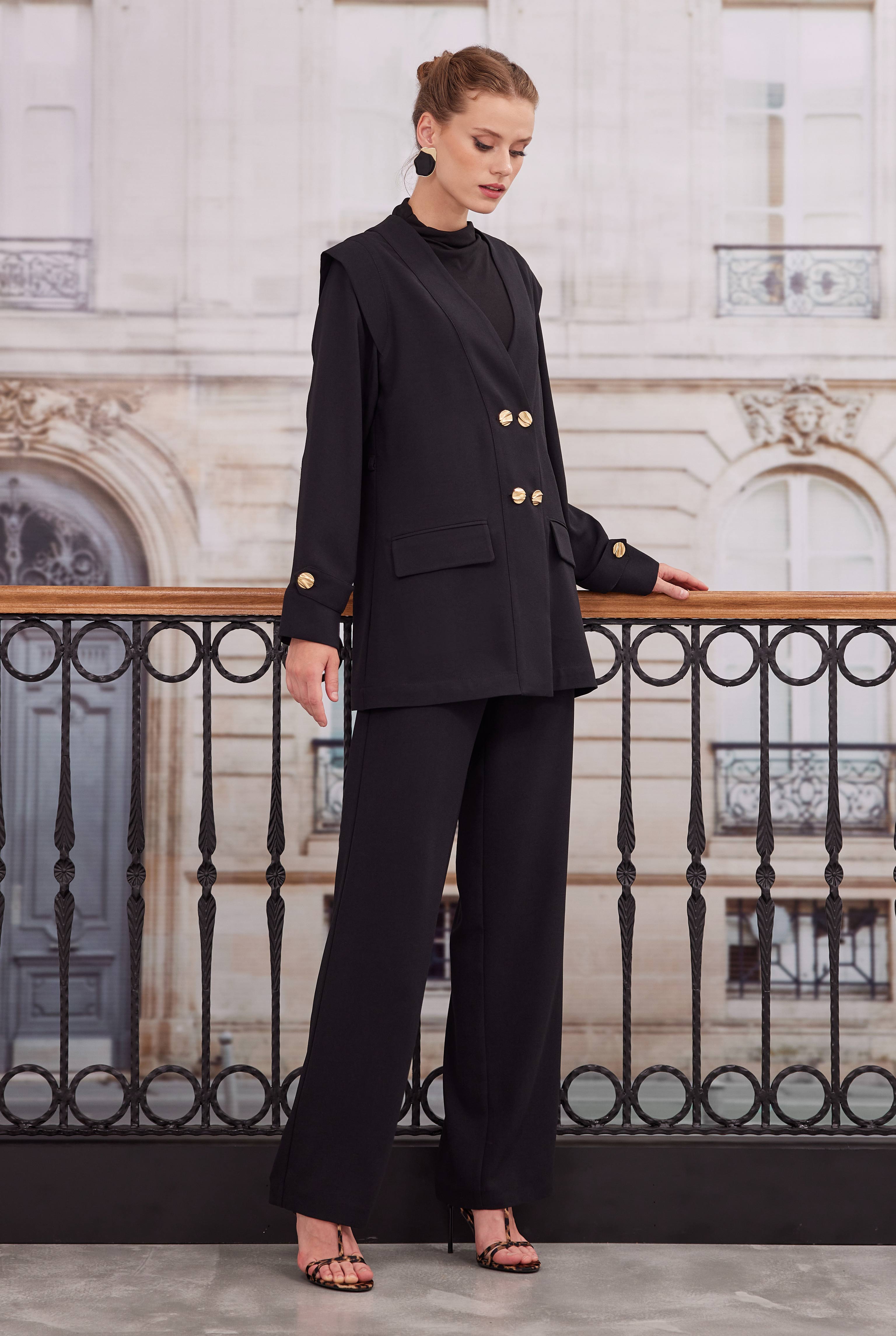 Double Breasted Blazer Jacket Trousers Set Black - 5