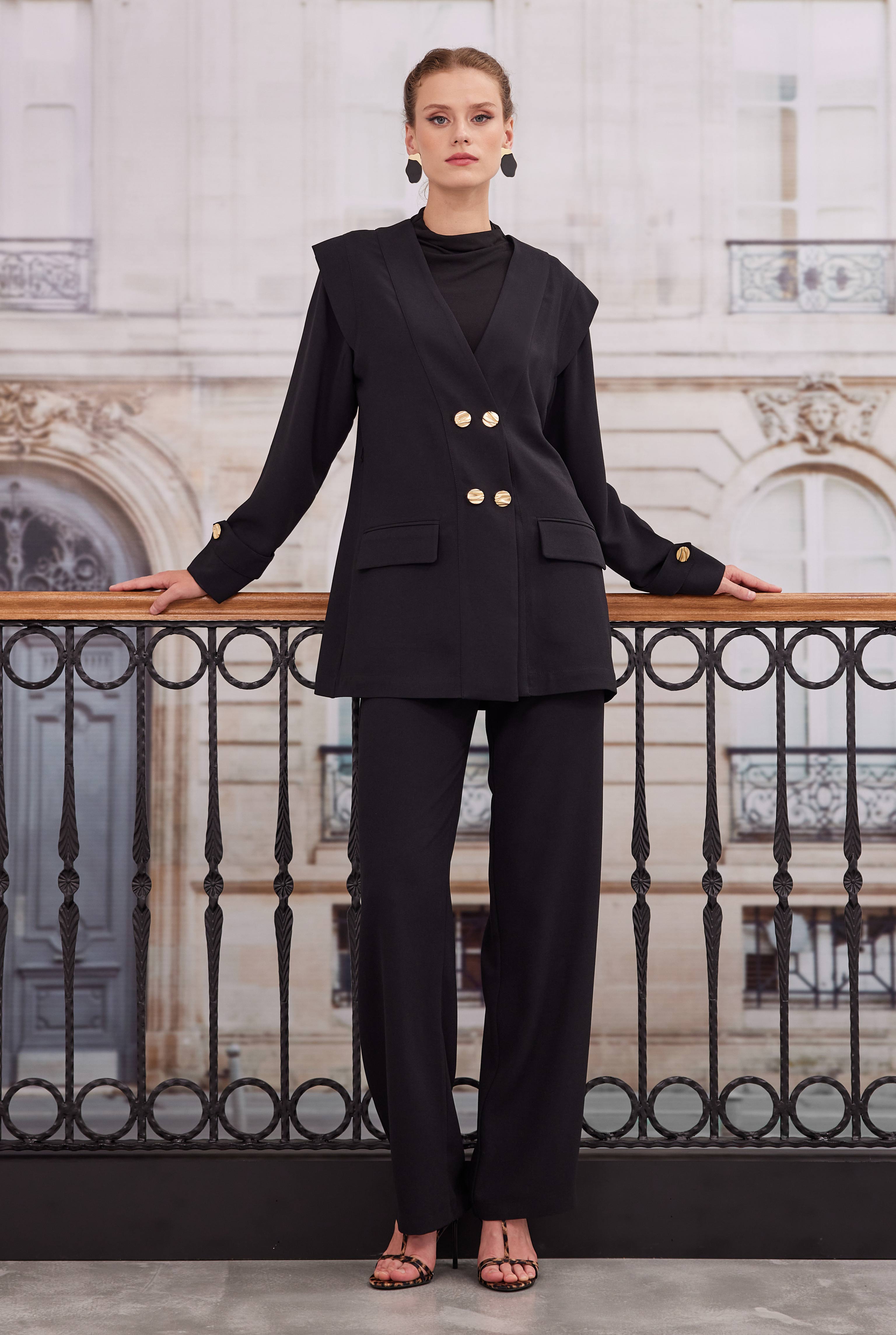 Double Breasted Blazer Jacket Trousers Set Black - 2