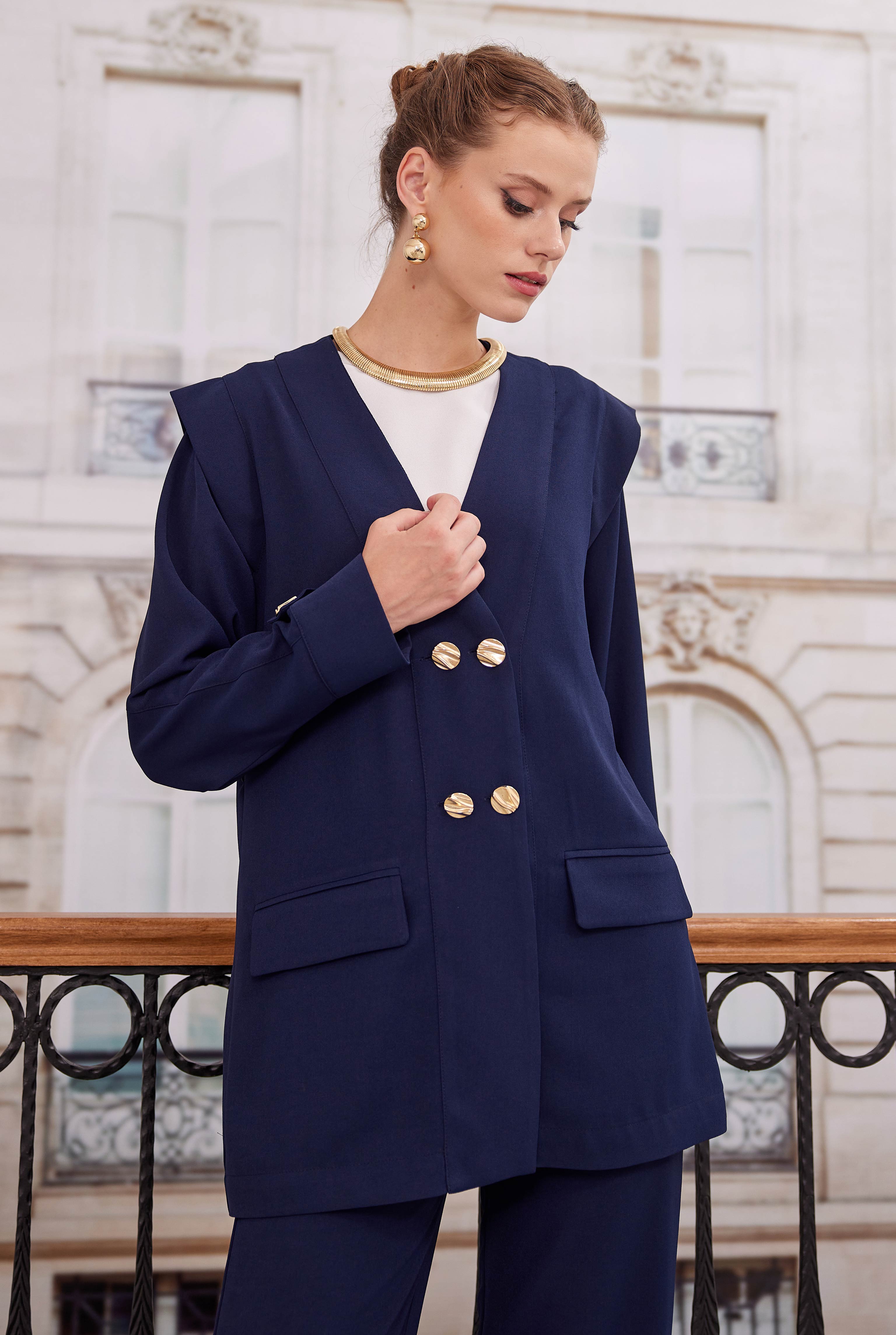 Double Breasted Blazer Jacket Trousers Set Navy Blue - 4