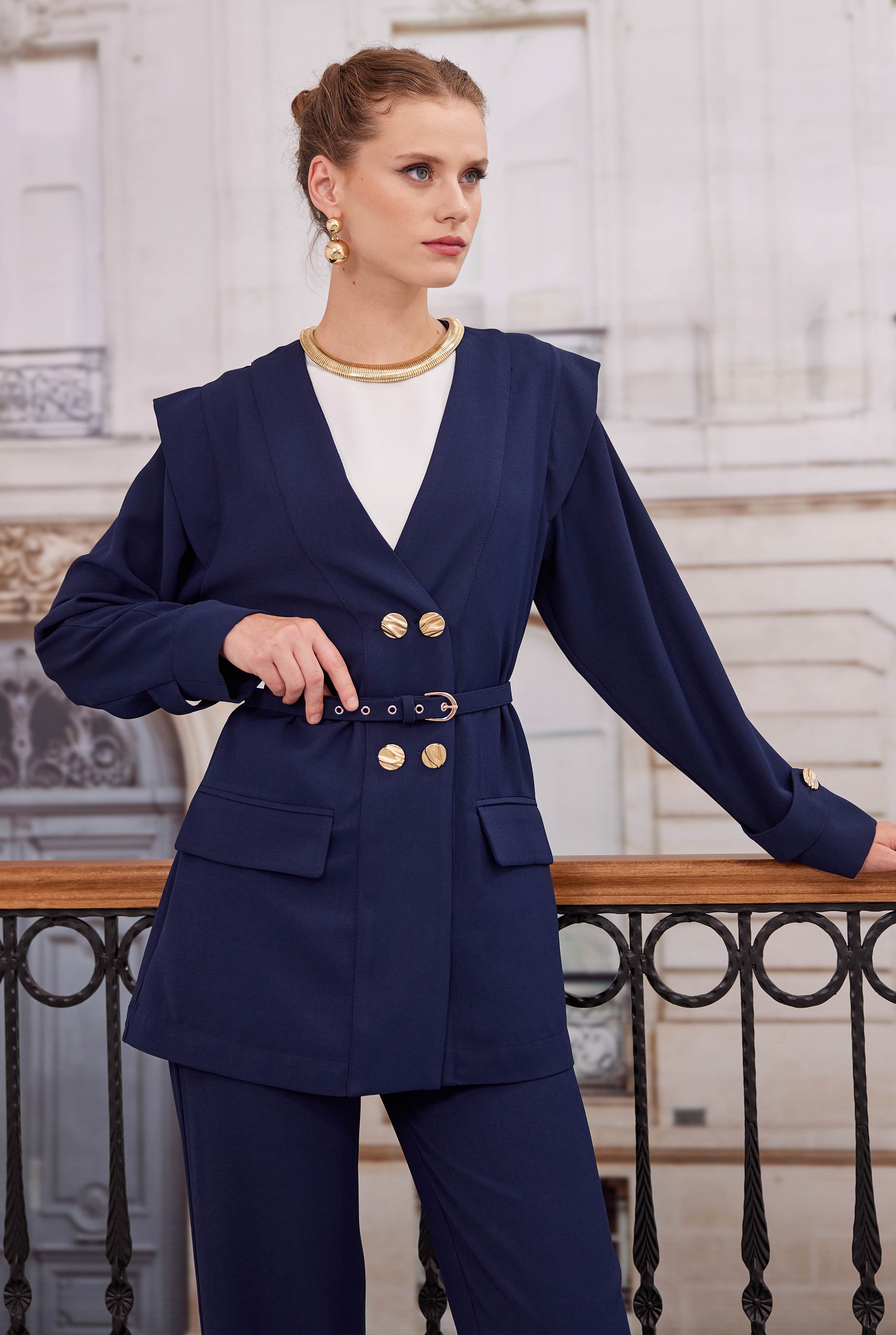 Double Breasted Blazer Jacket Trousers Set Navy Blue - 3