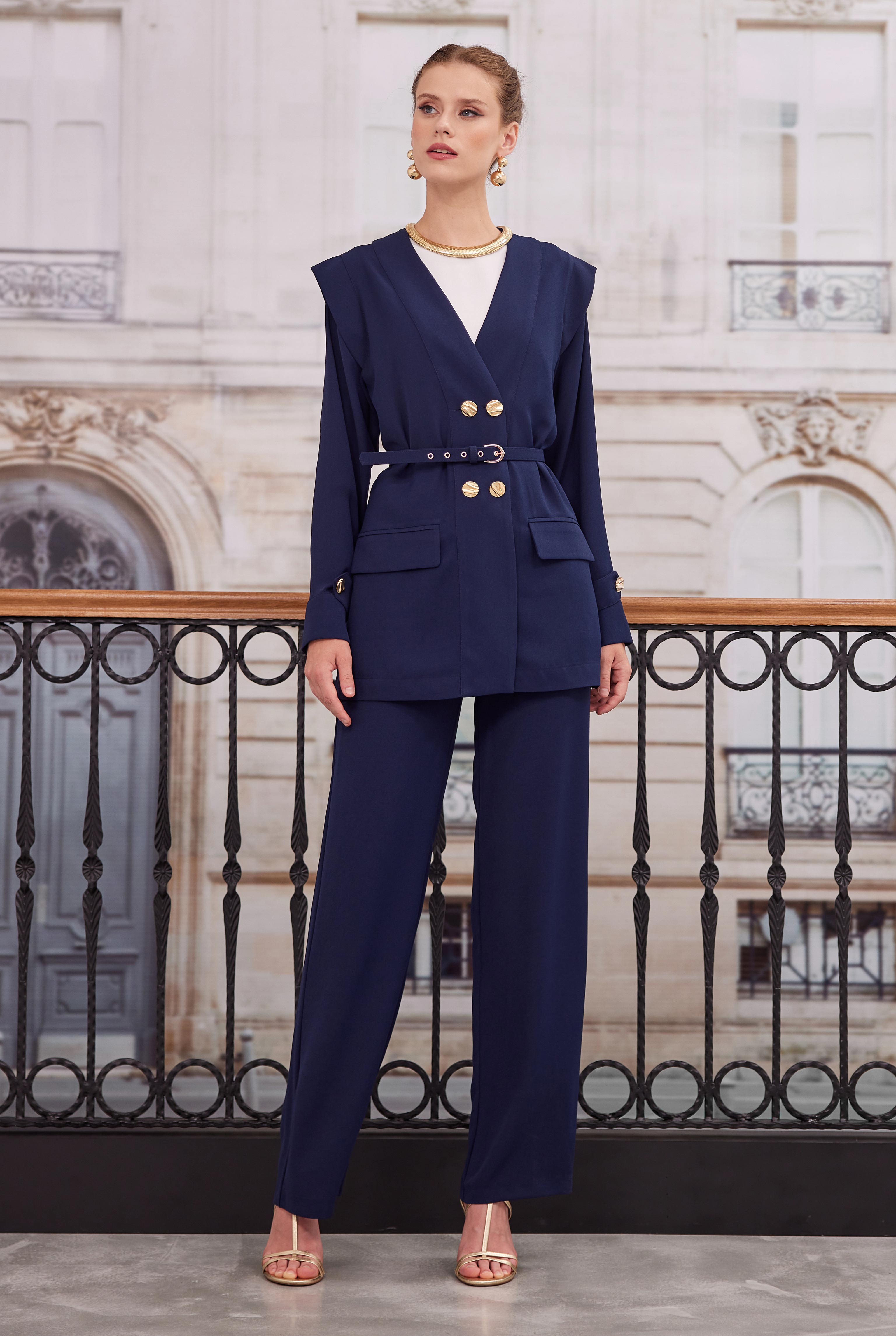 Double Breasted Blazer Jacket Trousers Set Navy Blue - 2