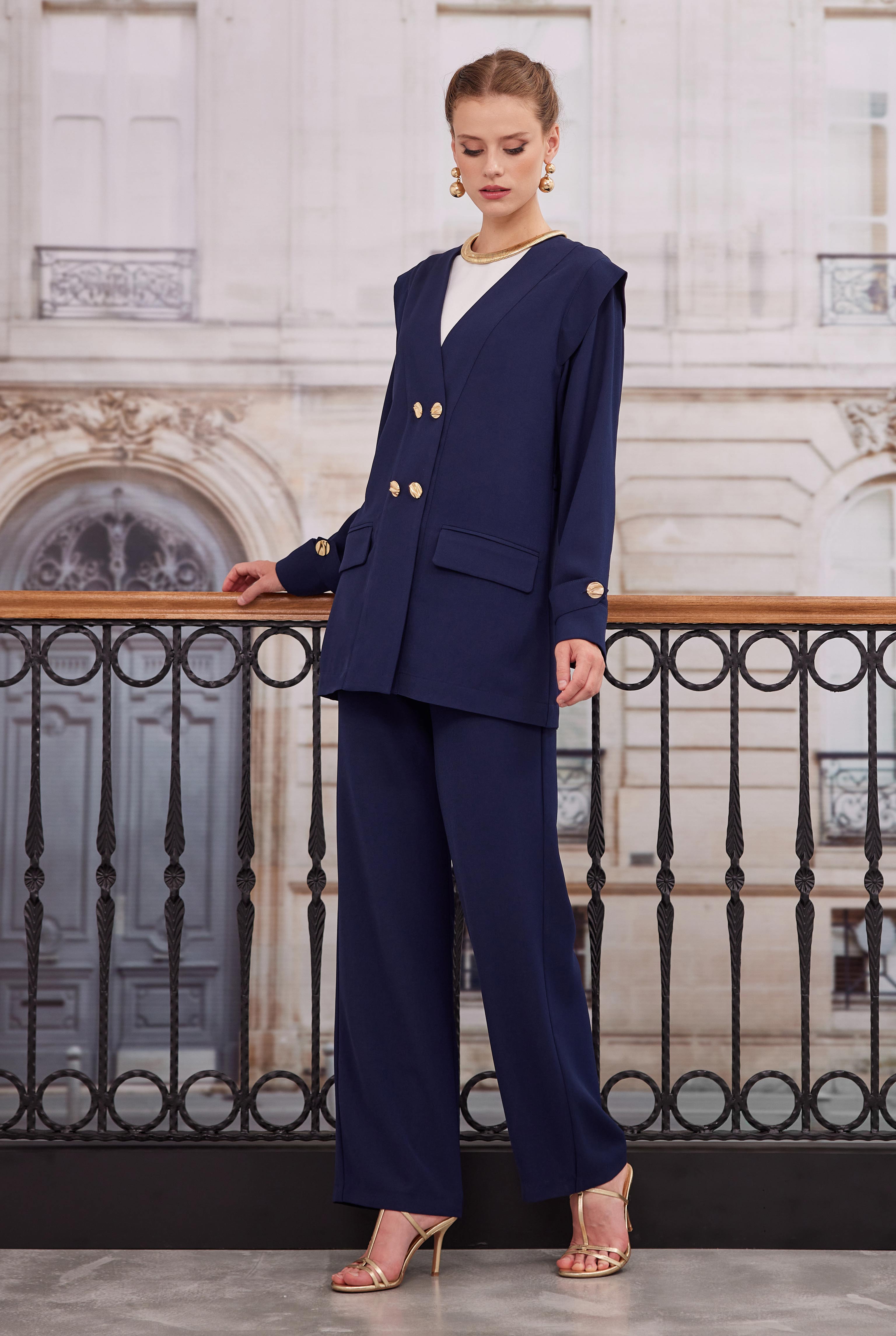 Kruvaze Blazer Ceket Pantolon Takım Lacivert - HE-QA