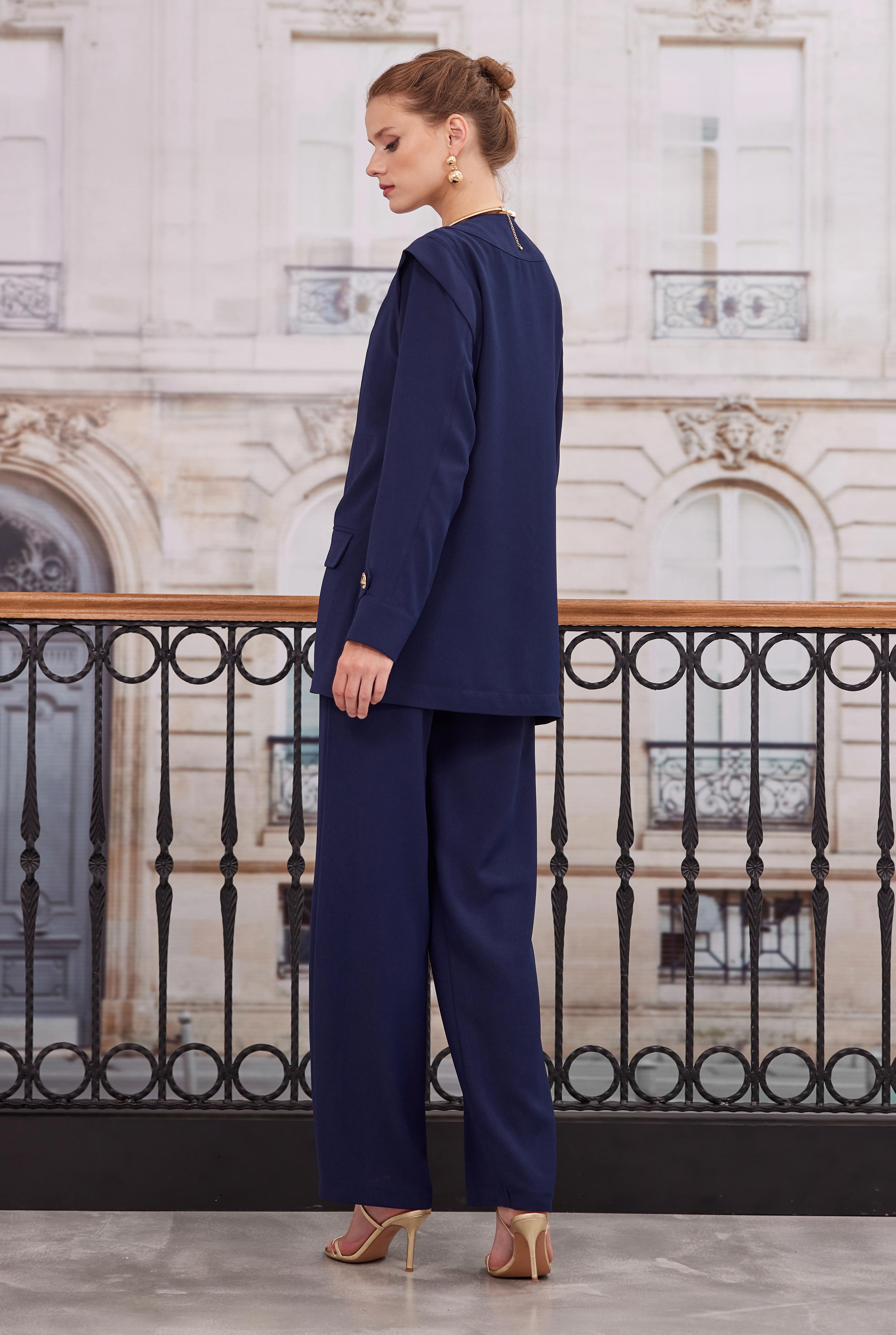 Double Breasted Blazer Jacket Trousers Set Navy Blue - 5