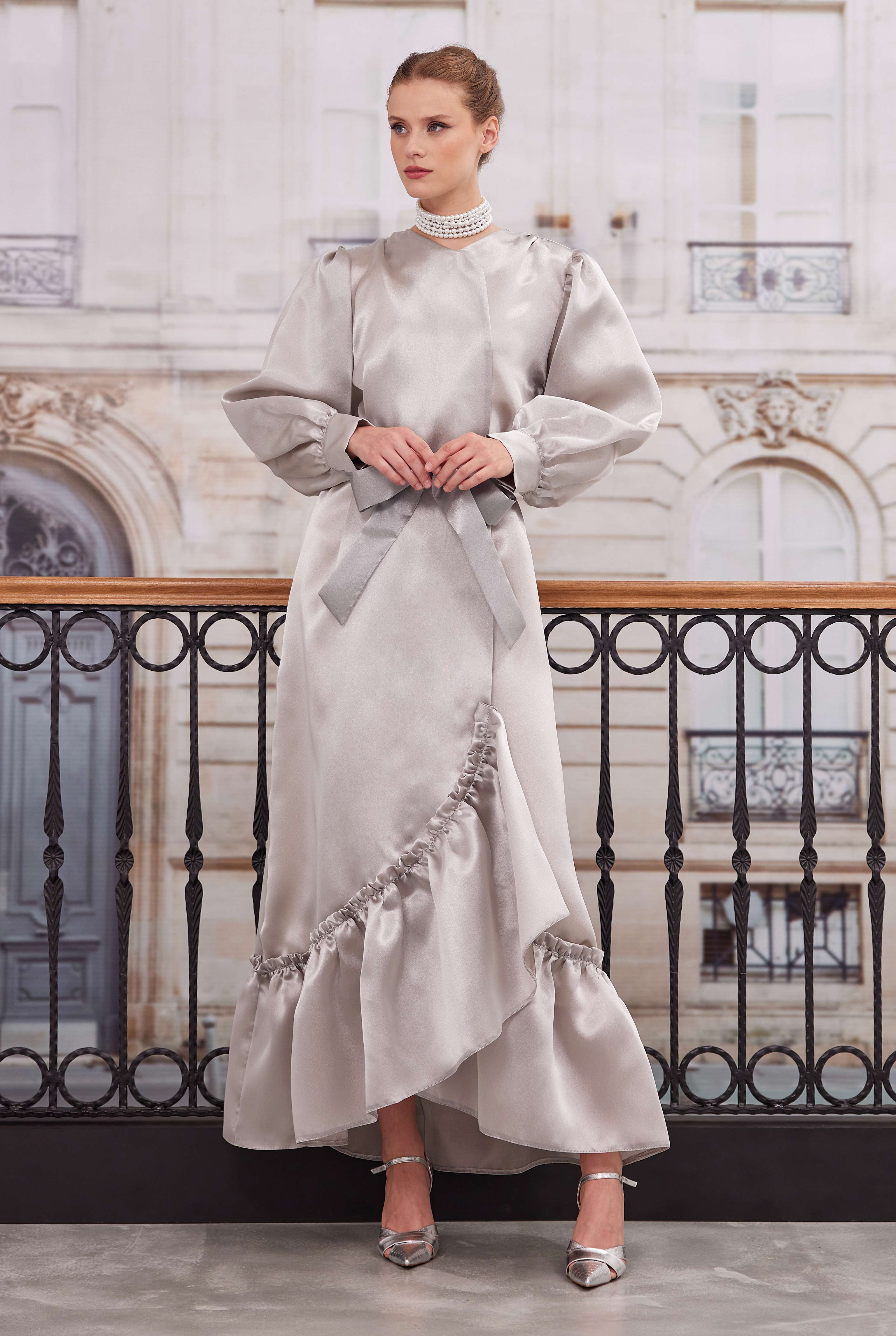 Ruffled Taffeta Dress Dark Stone - 2