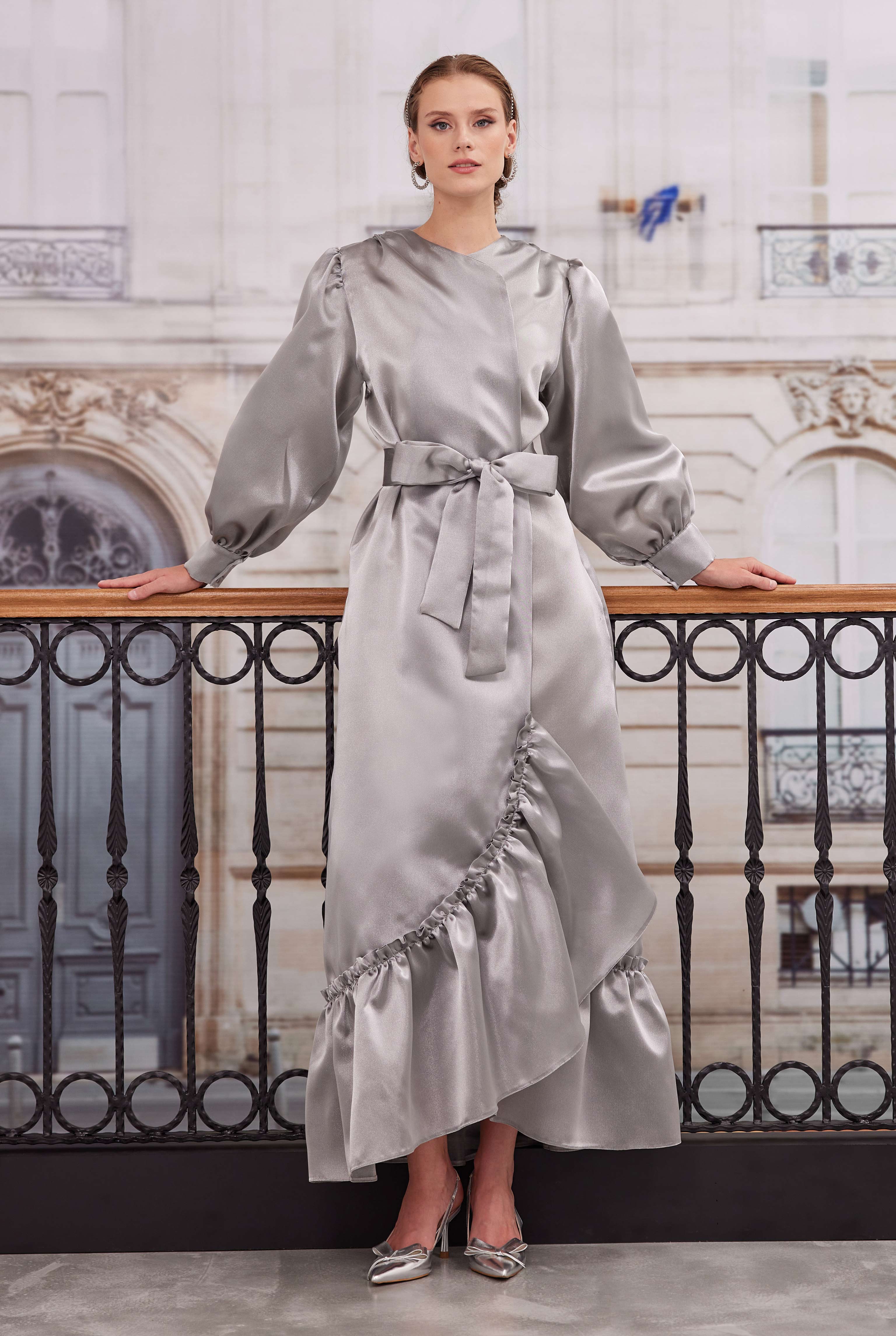 Ruffled Taffeta Dress Light Gray - 1