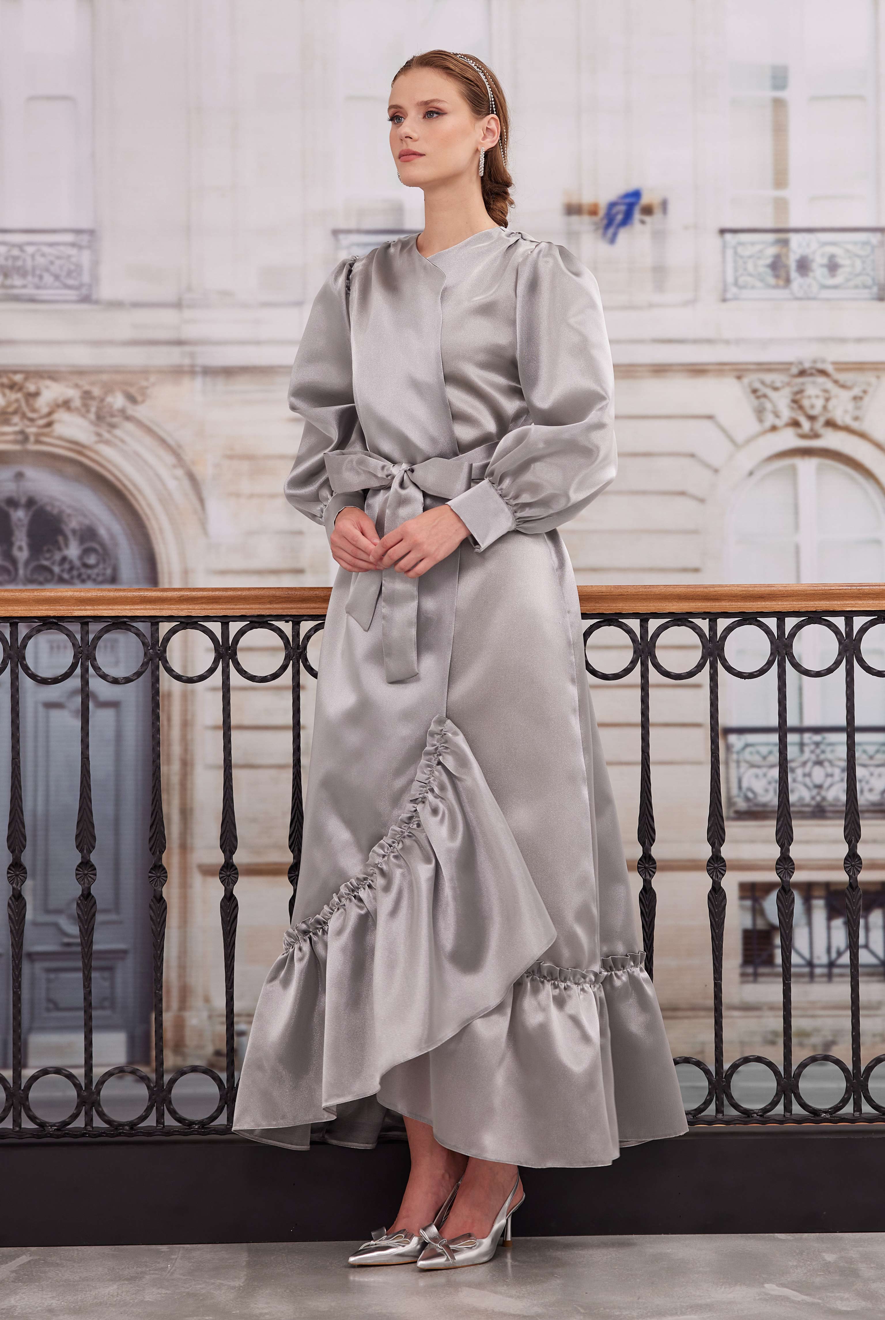 Ruffled Taffeta Dress Light Gray - 2