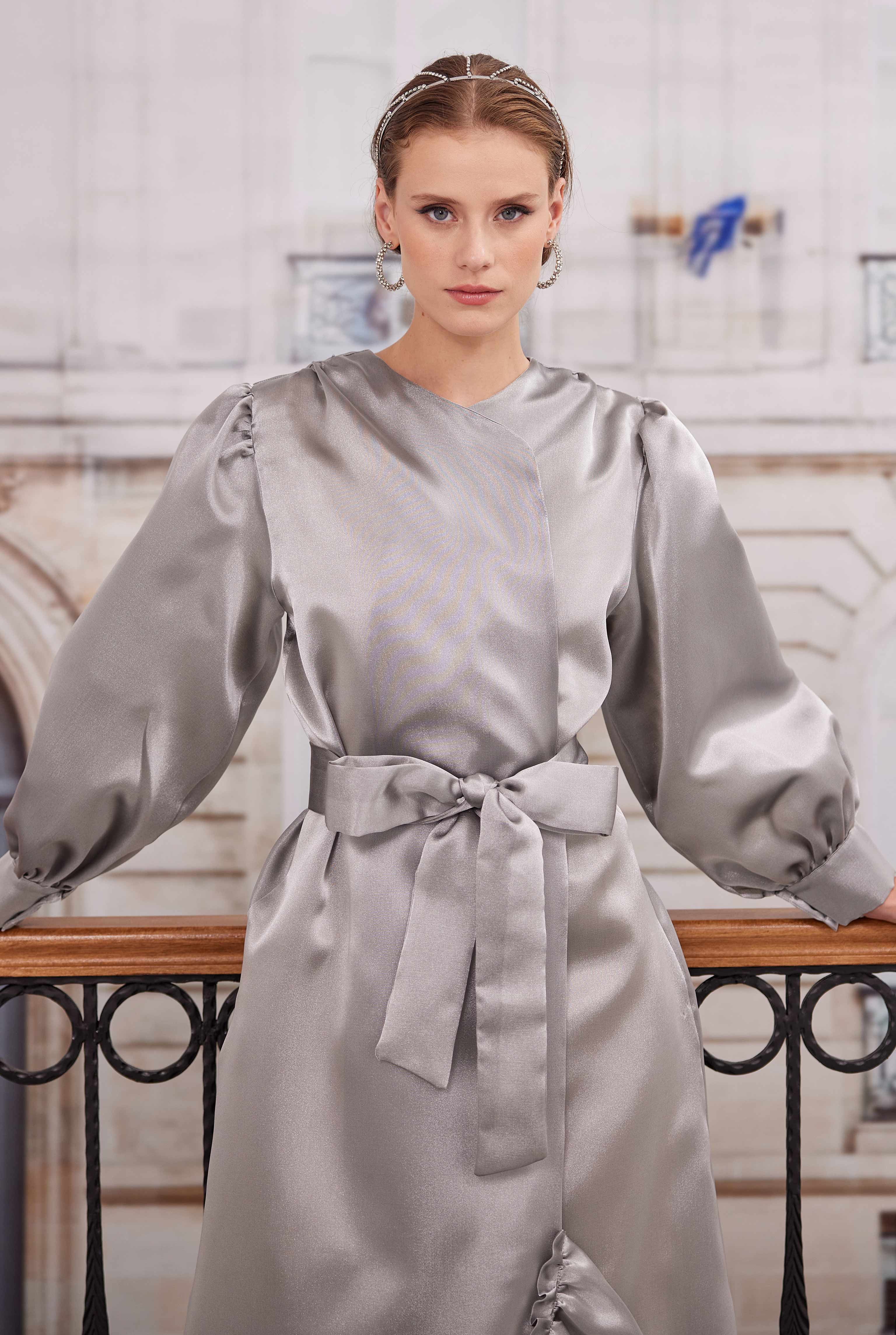 Ruffled Taffeta Dress Light Gray - 4