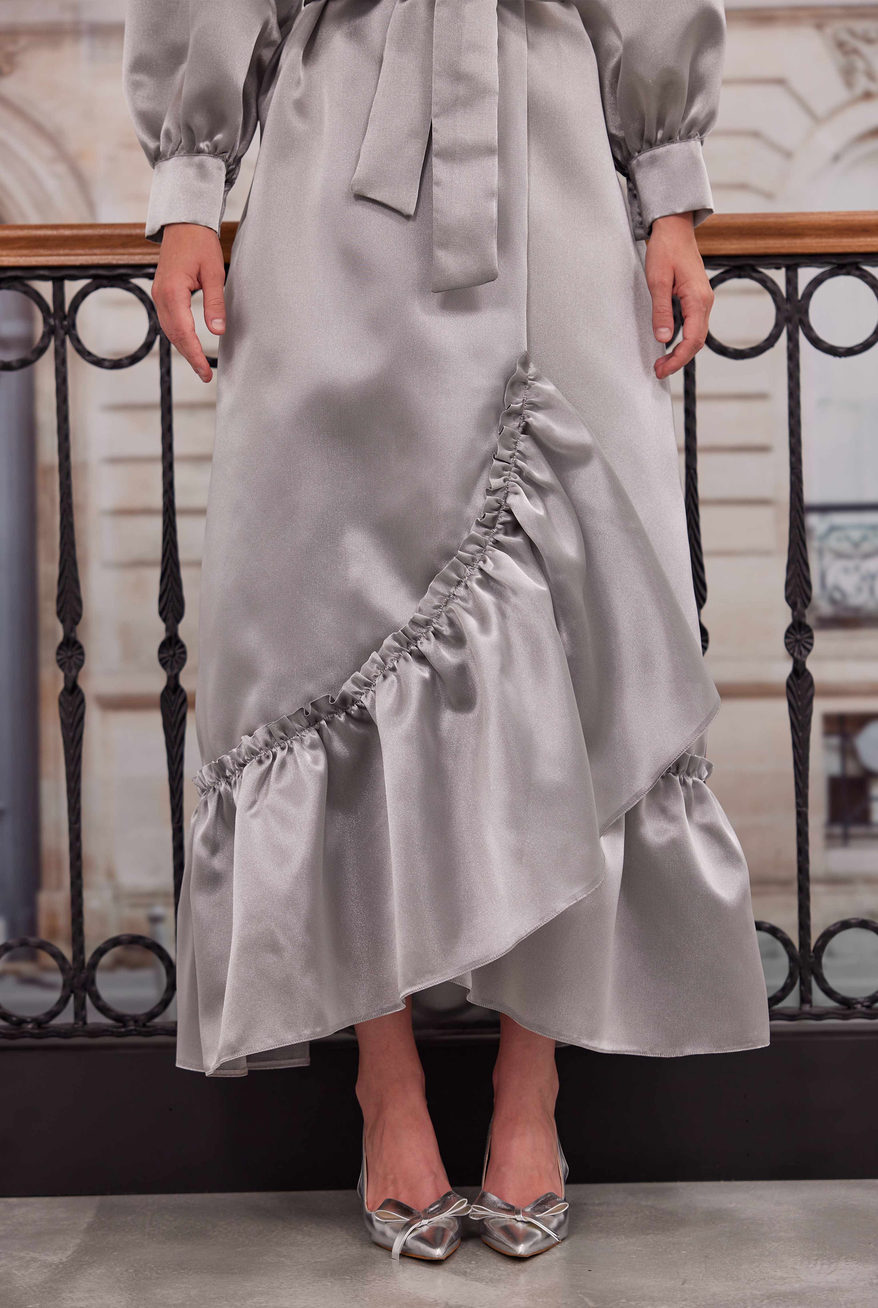Ruffled Taffeta Dress Light Gray - 7