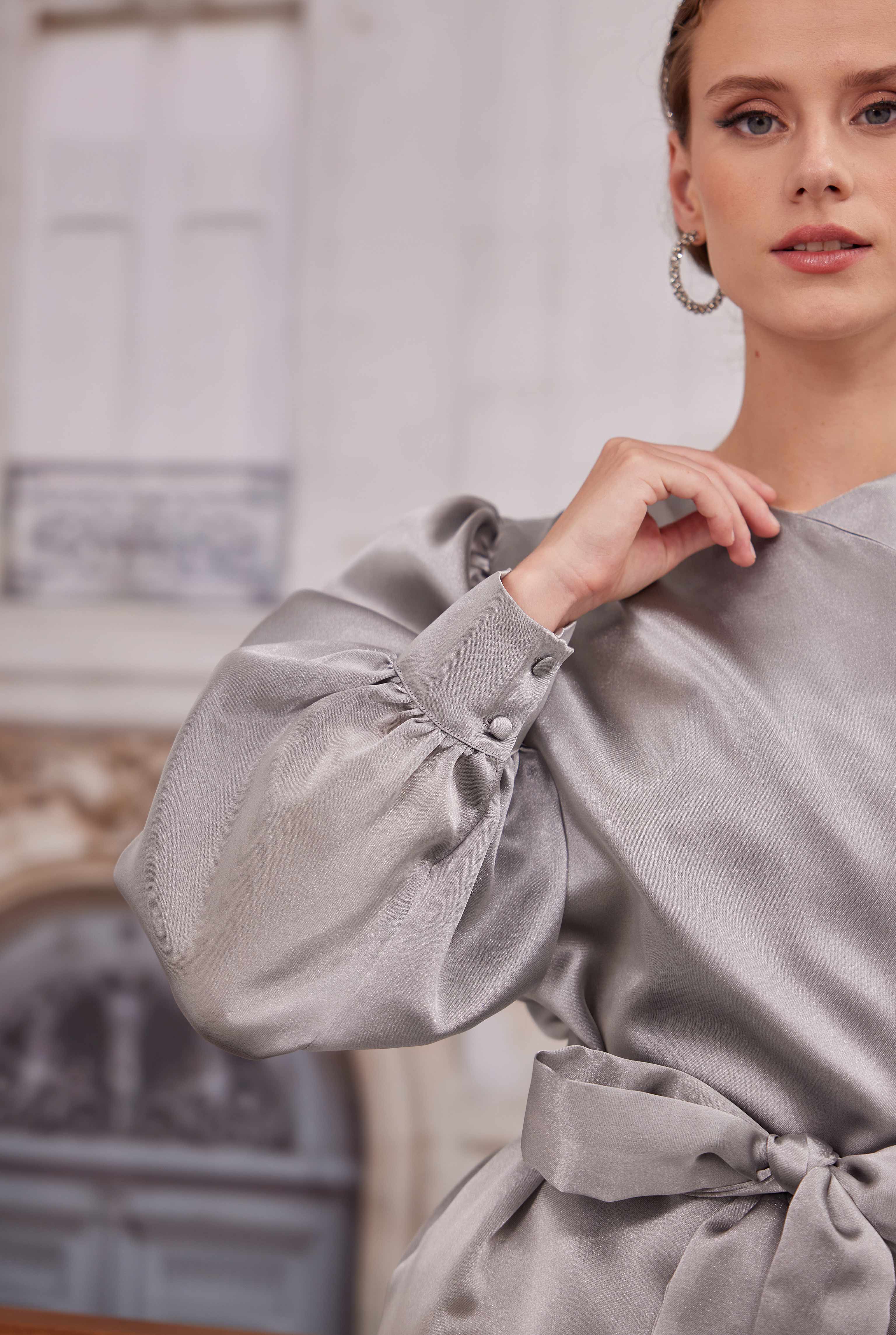 Ruffled Taffeta Dress Light Gray - 5