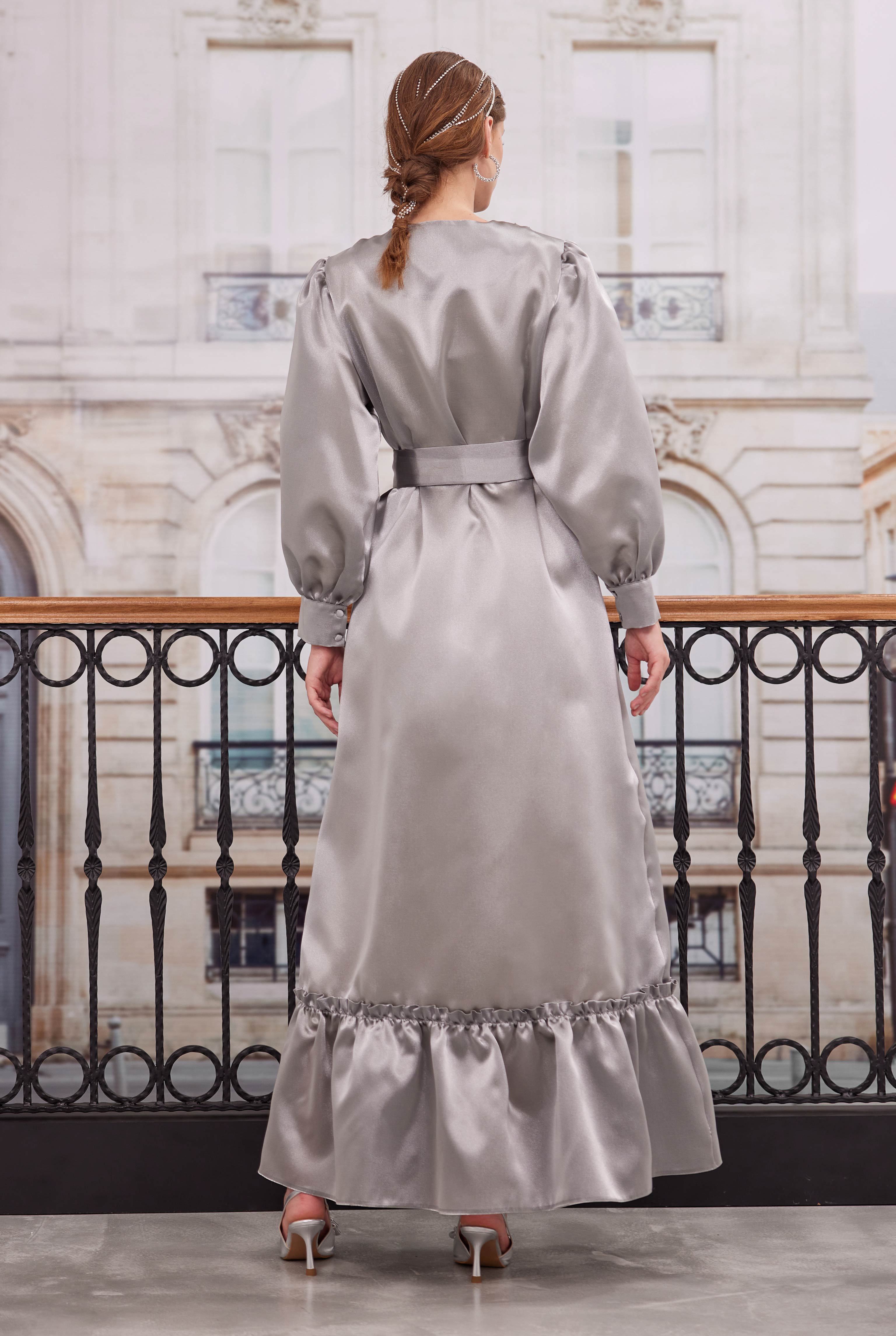 Ruffled Taffeta Dress Light Gray - 3