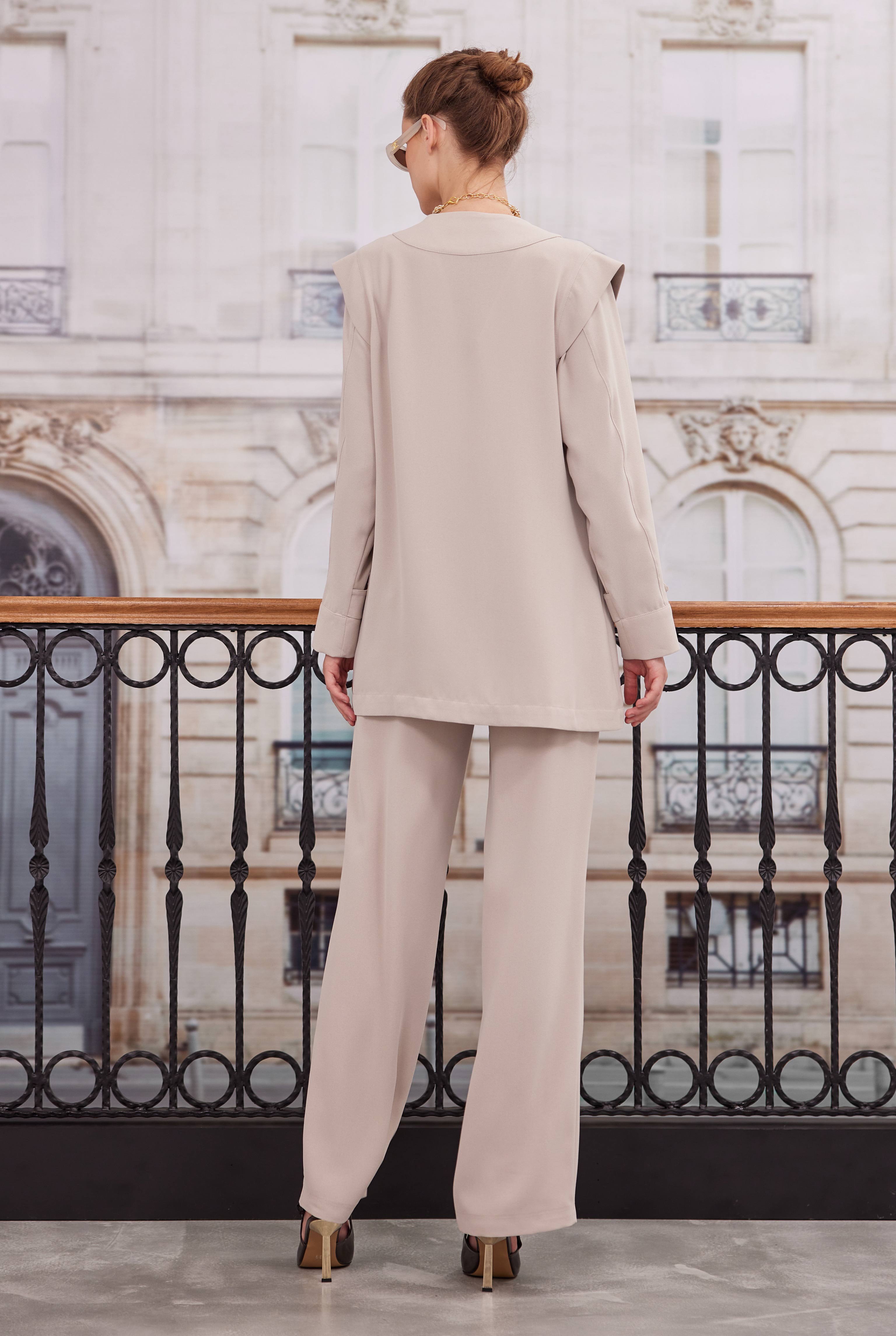 Double Breasted Blazer Jacket Trousers Set Beige - 4