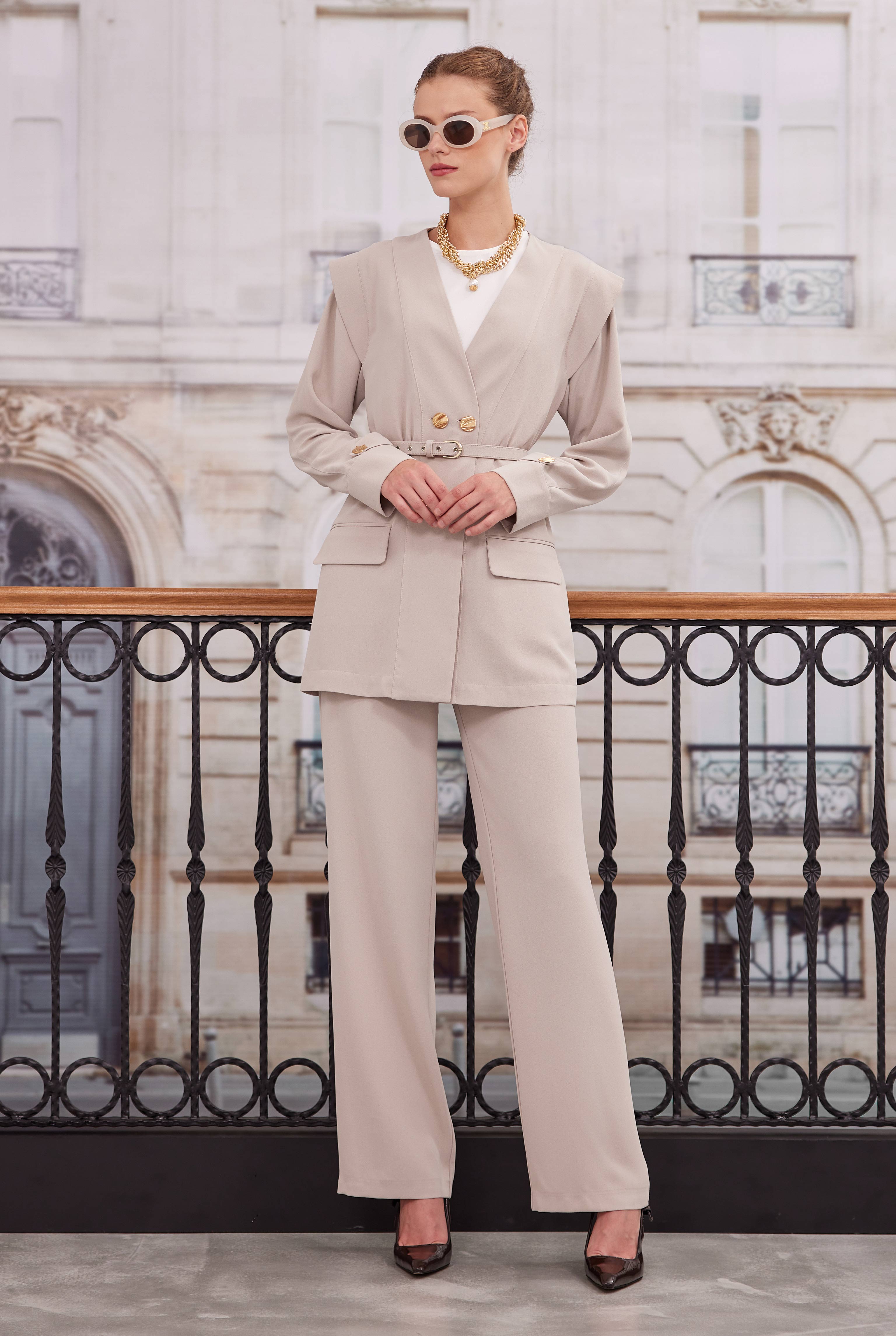 Double Breasted Blazer Jacket Trousers Set Beige - 3