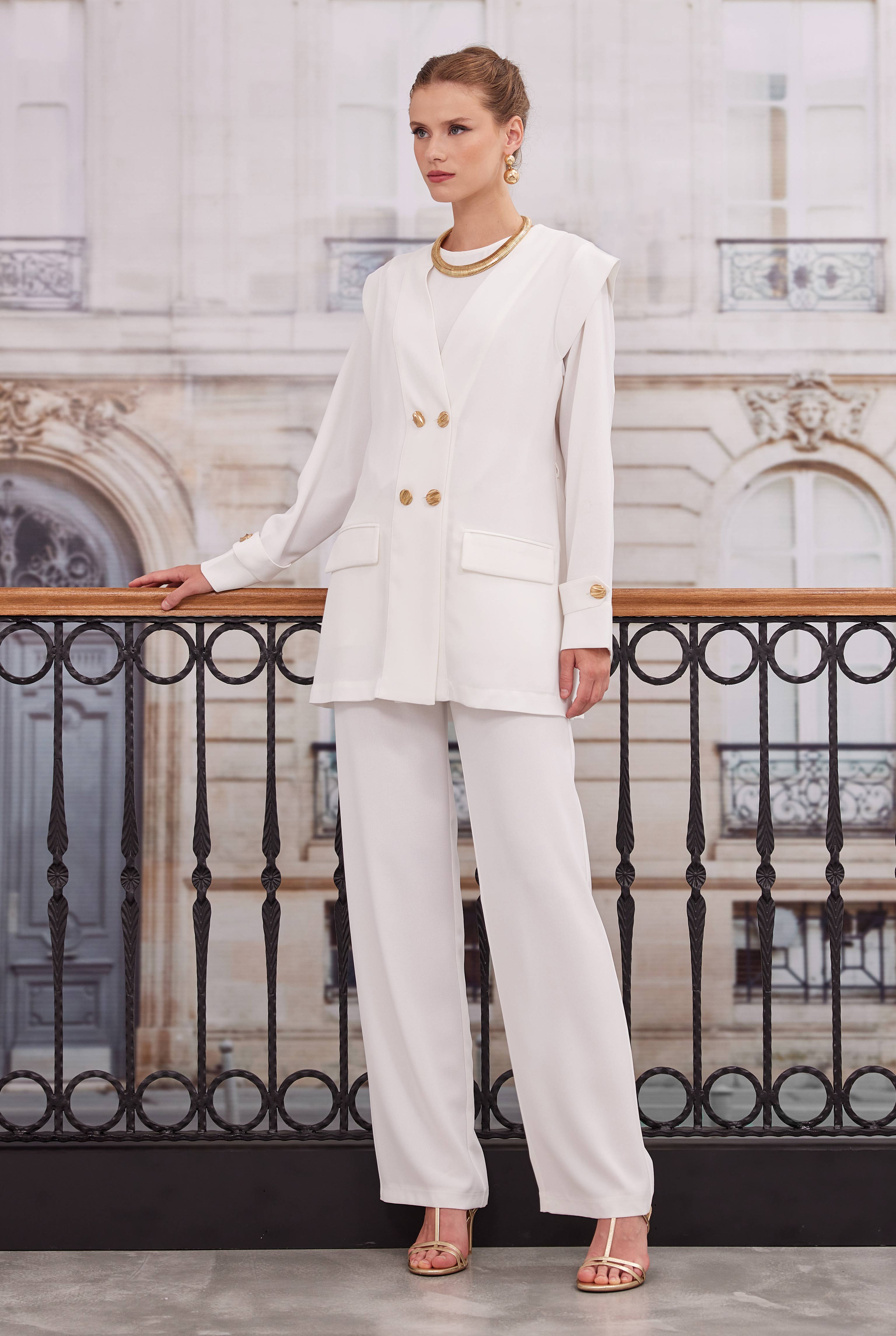 Double Breasted Blazer Jacket Trousers Set White Down - 3